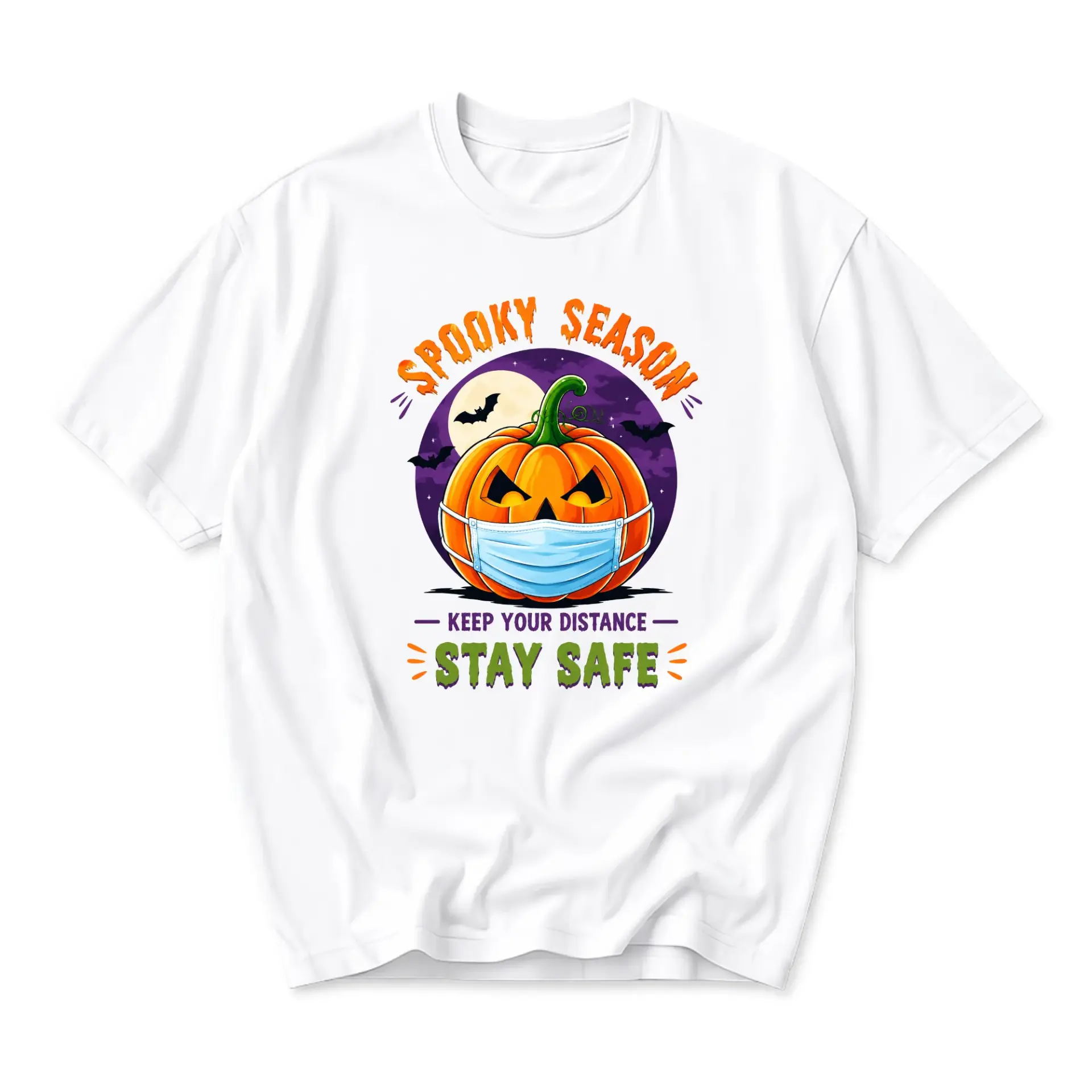 Funny Shirt Spooky Season Pumpkin Mask Graphic Tee Casual Unisex Crew Neck Short Sleeve Cotton Blend Halloween Top