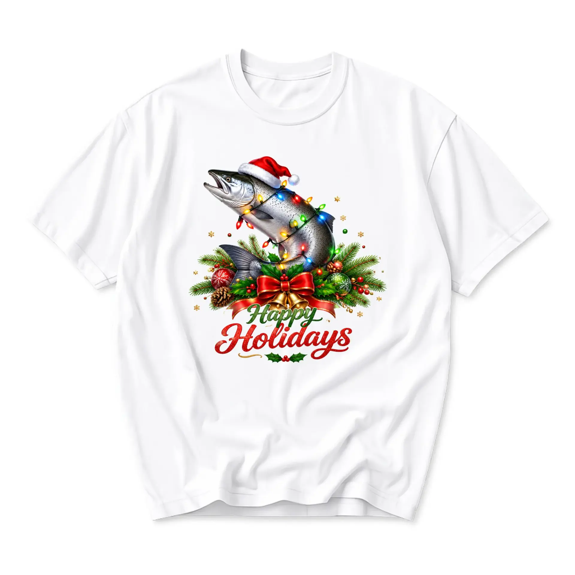 Graphic Tee Happy Holidays Christmas Fish Print Unisex Crew Neck Shirt