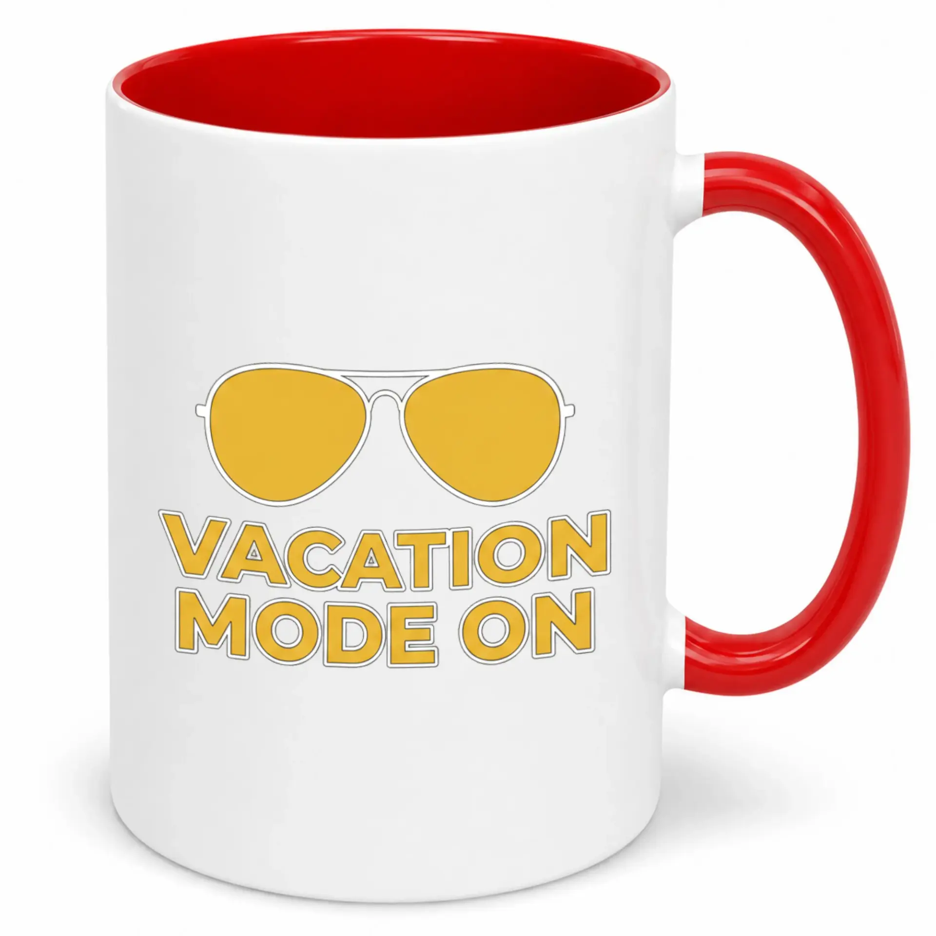 Funny Vacation Mode on Ceramic Coffee Mug with Sunglasses Design, Premium White and Red Handle Drinkware, Ideal for Hot Beverages
