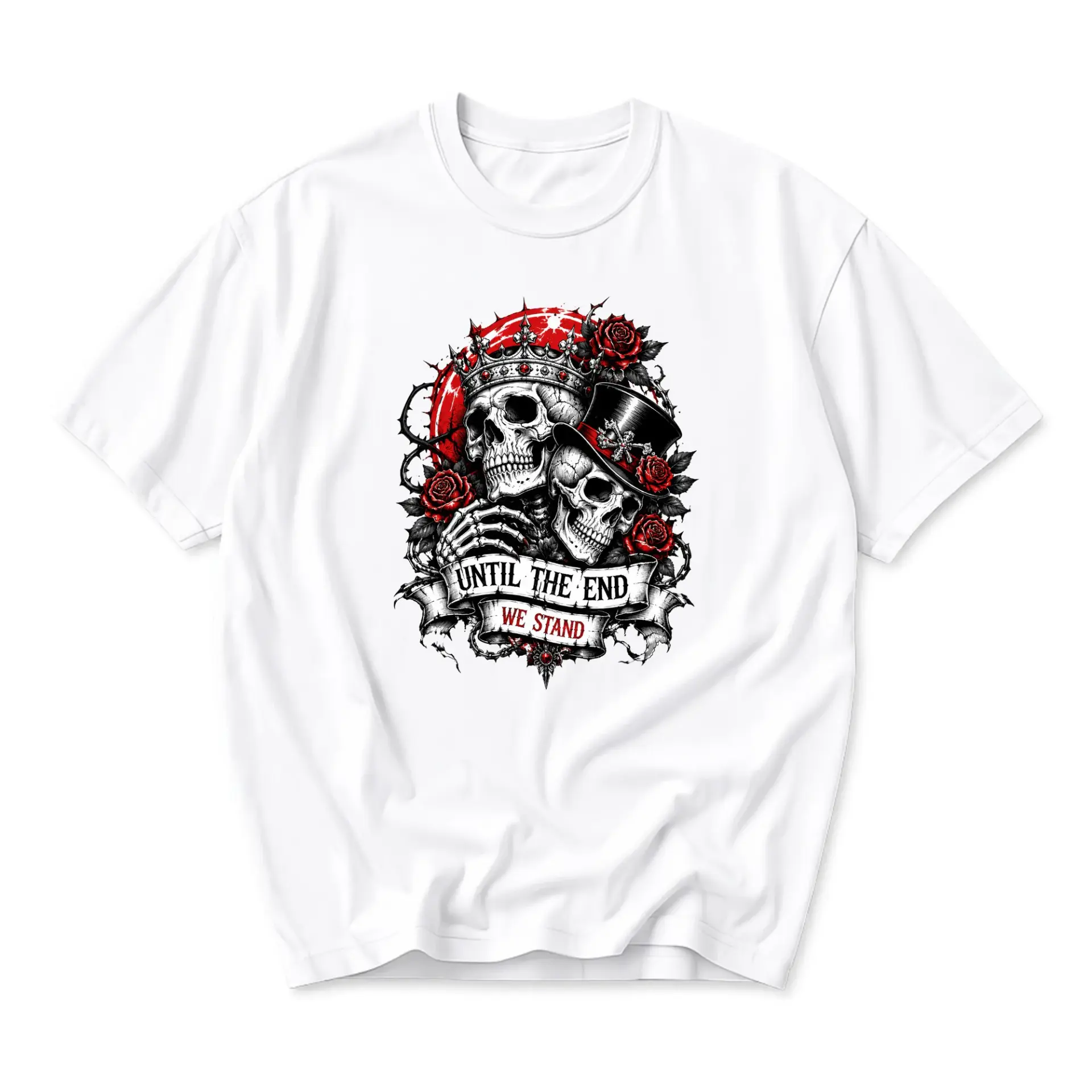 Graphic Tee Unisex Crew Neck T-Shirt Featuring Skull and Rose Illustration with Until the End We Stand Design