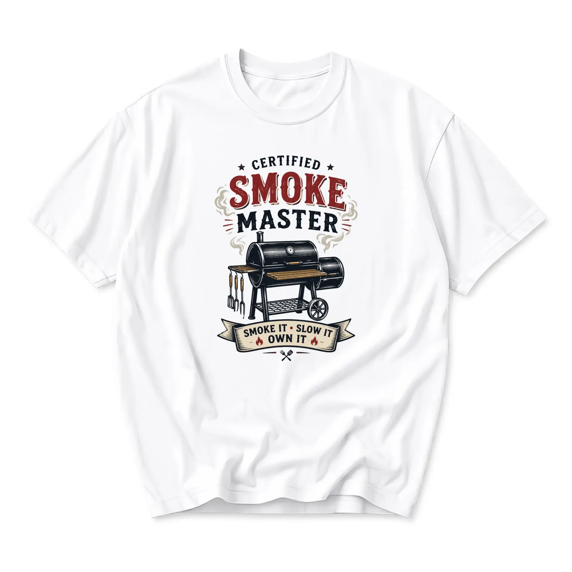 Funny Shirt Certified Smoke Master Barbecue Graphic Tee for Outdoor Cooking Enthusiasts and Grill Lovers White Cotton