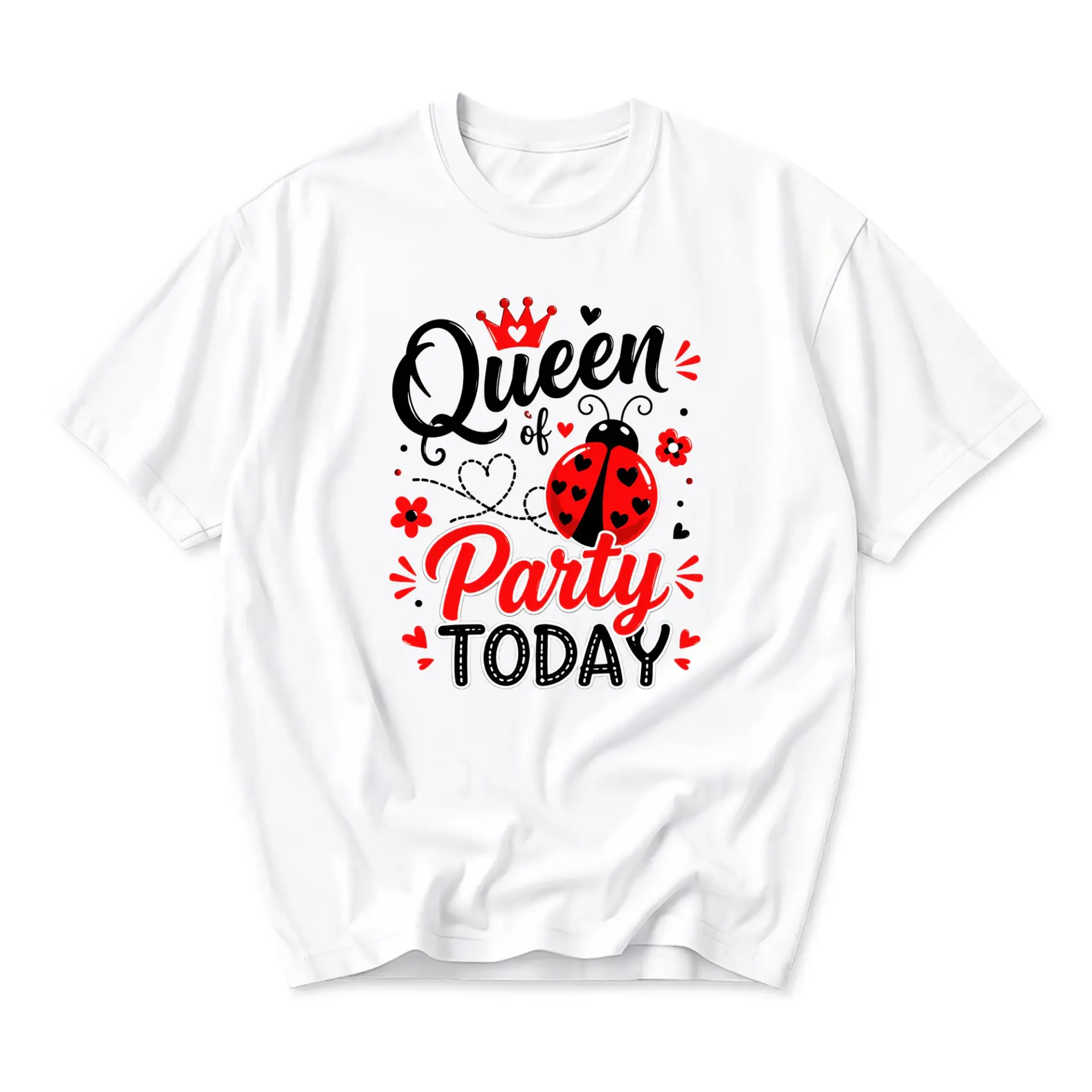 Graphic Tee Queen of Party Today Ladybug Design Unisex Crew Neck Soft Cotton Blend Casual Summer Short Sleeve Shirt