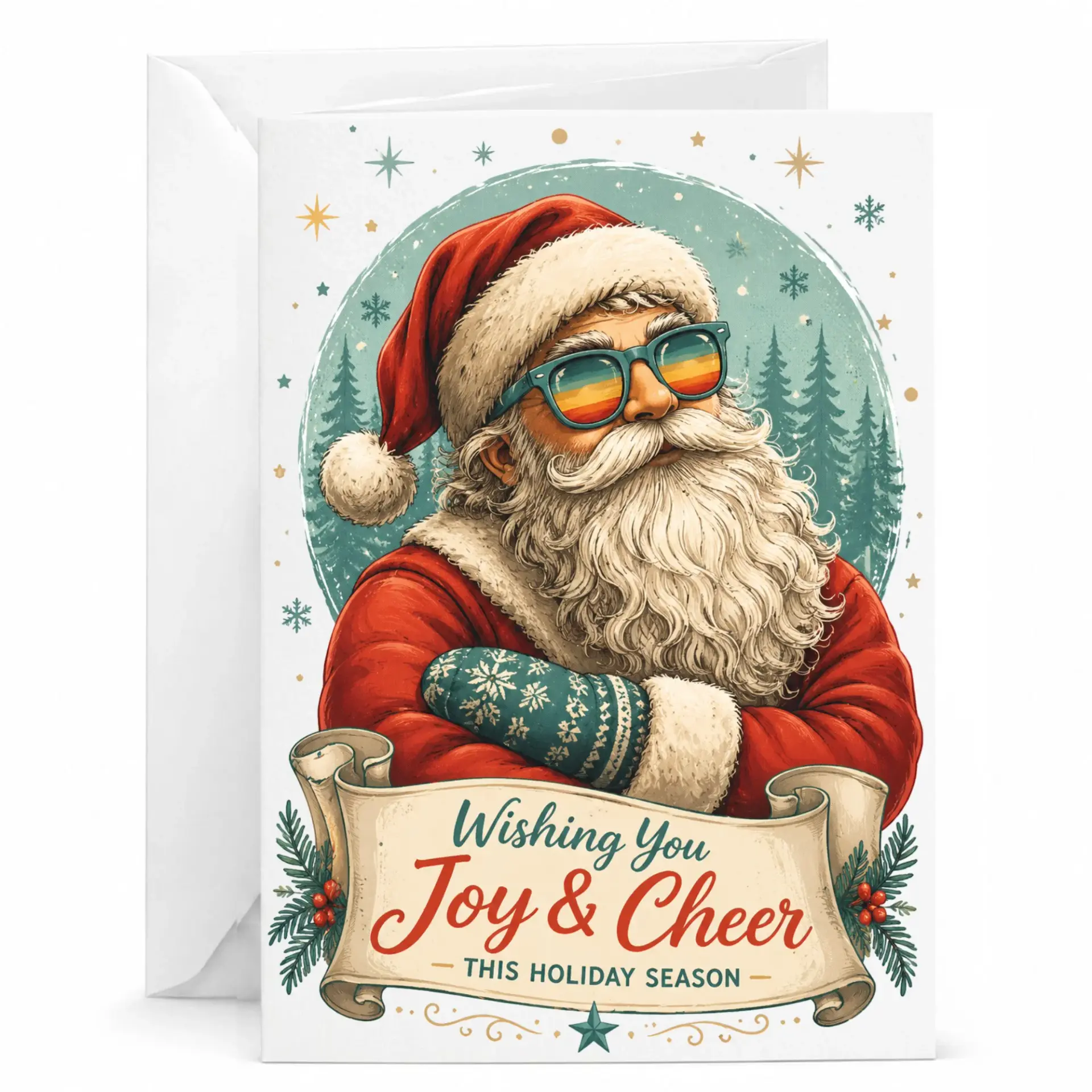 Funny Holiday Greeting Card Featuring Cool with Retro Sunglasses and Festive Winter Forest Background