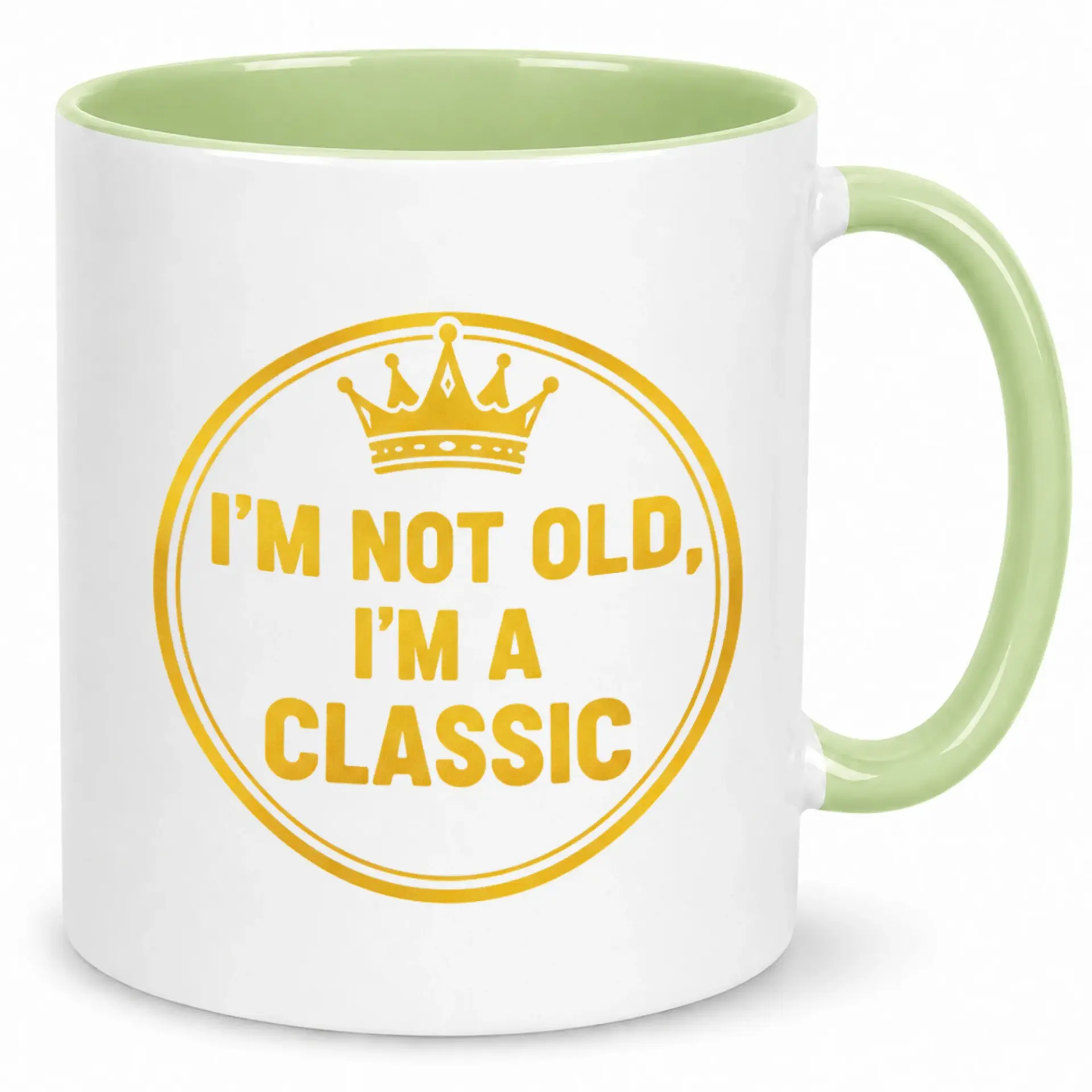 Funny Ceramic Coffee Mug for Those Who Are a Classic Not Old Unique Birthday Gag Gift Friends and Family White with Green Handle 11 Oz or 15 Oz Drinkware