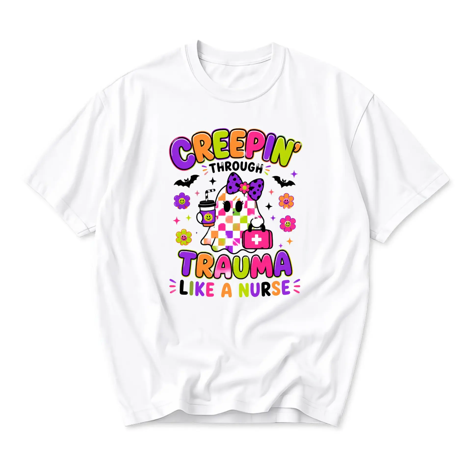 Funny Shirt Creepin Through Trauma Like a Nurse Graphic Tee Casual Unisex Crew Neck Top for Healthcare Professionals