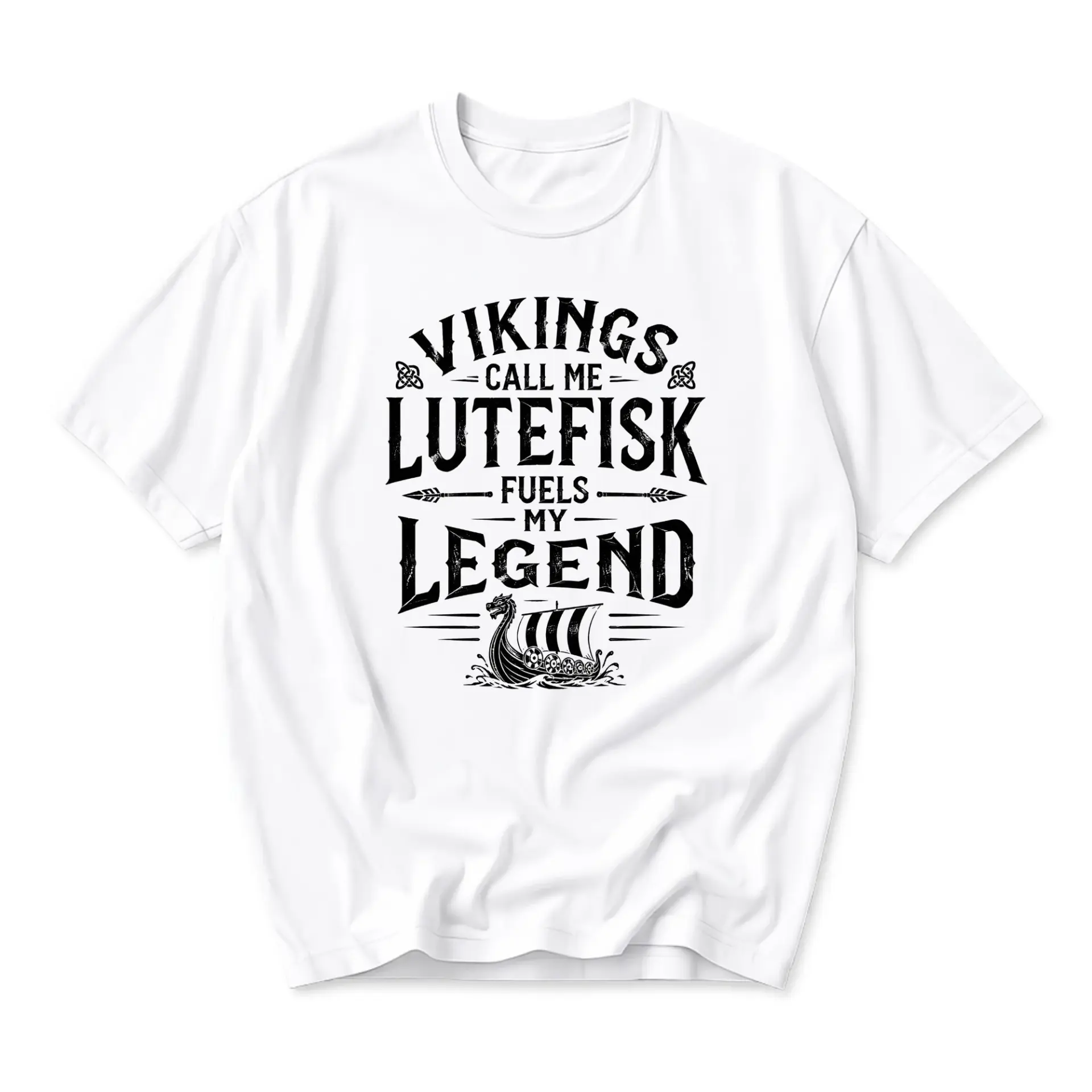Funny Shirt Unisex Graphic Tee Featuring Vikings Call Me Lutefisk Fuels My Legend Design Soft Cotton Crew Neck Top