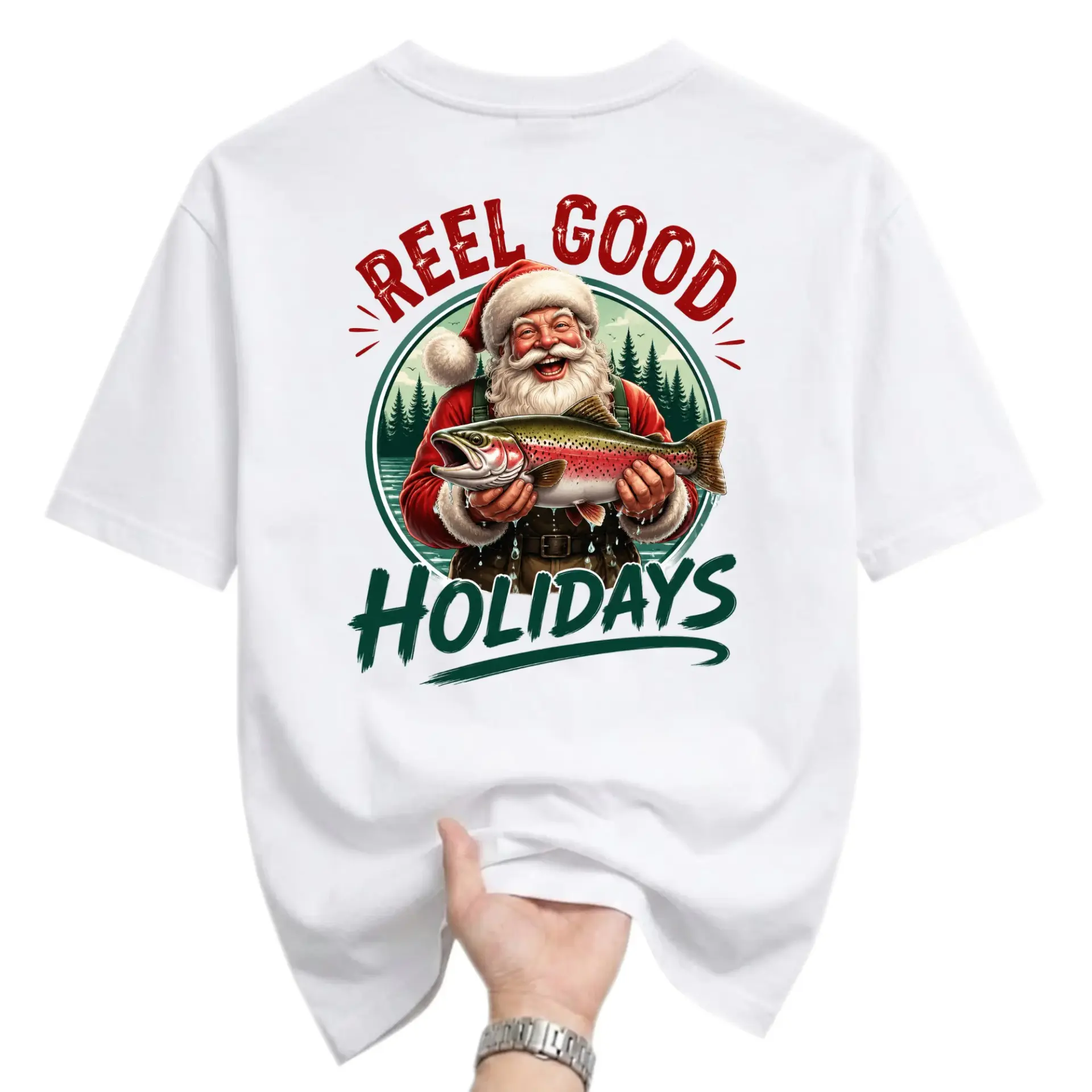 Funny Shirt Reel Good Holidays Santa Fishing Graphic Tee Unisex Short Sleeve Crew Neck Casual Cotton Blend Apparel
