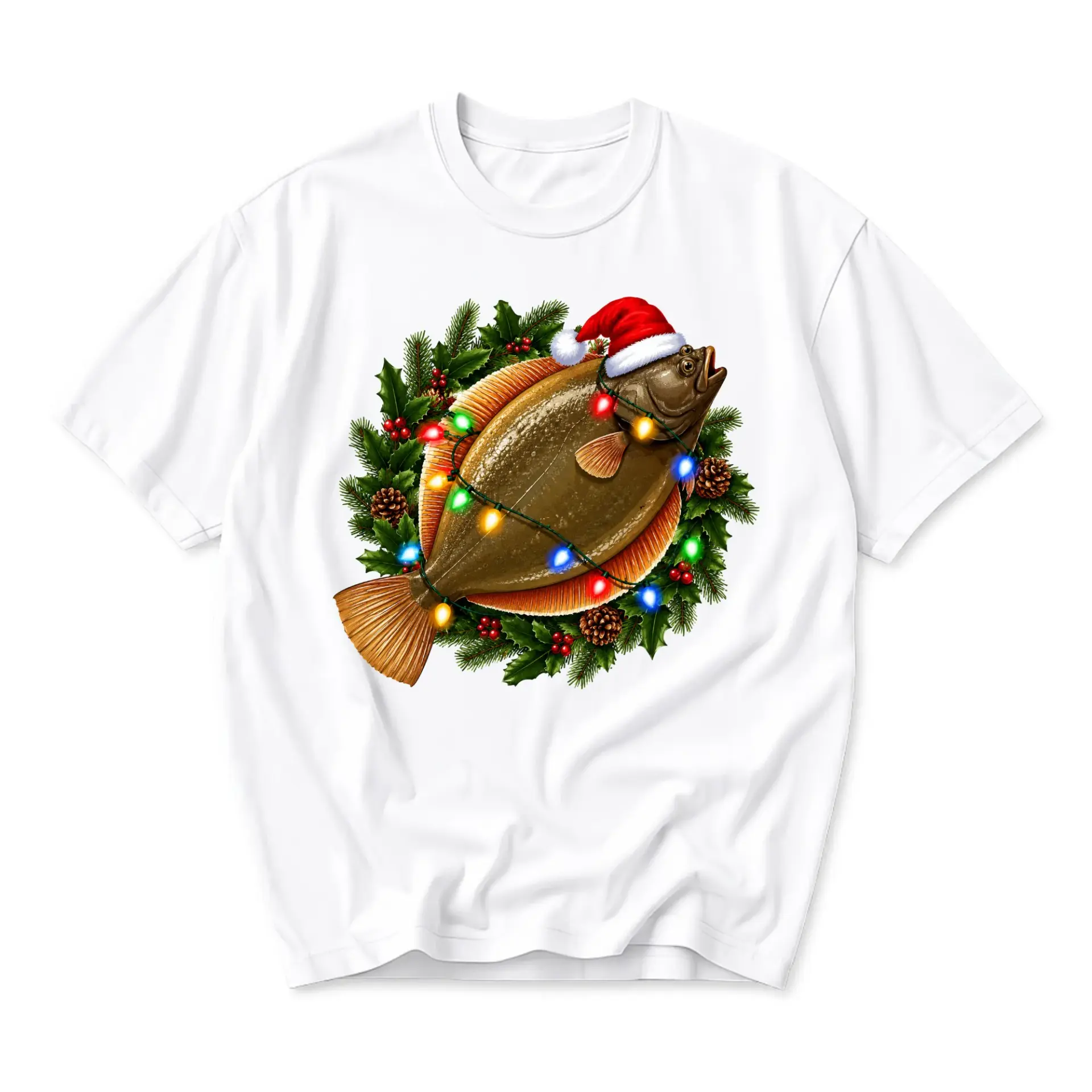 Funny Shirt Holiday Flounder Fish Graphic Tee Unisex Casual Crew Neck Comfortable Cotton Blend Short Sleeve Apparel White