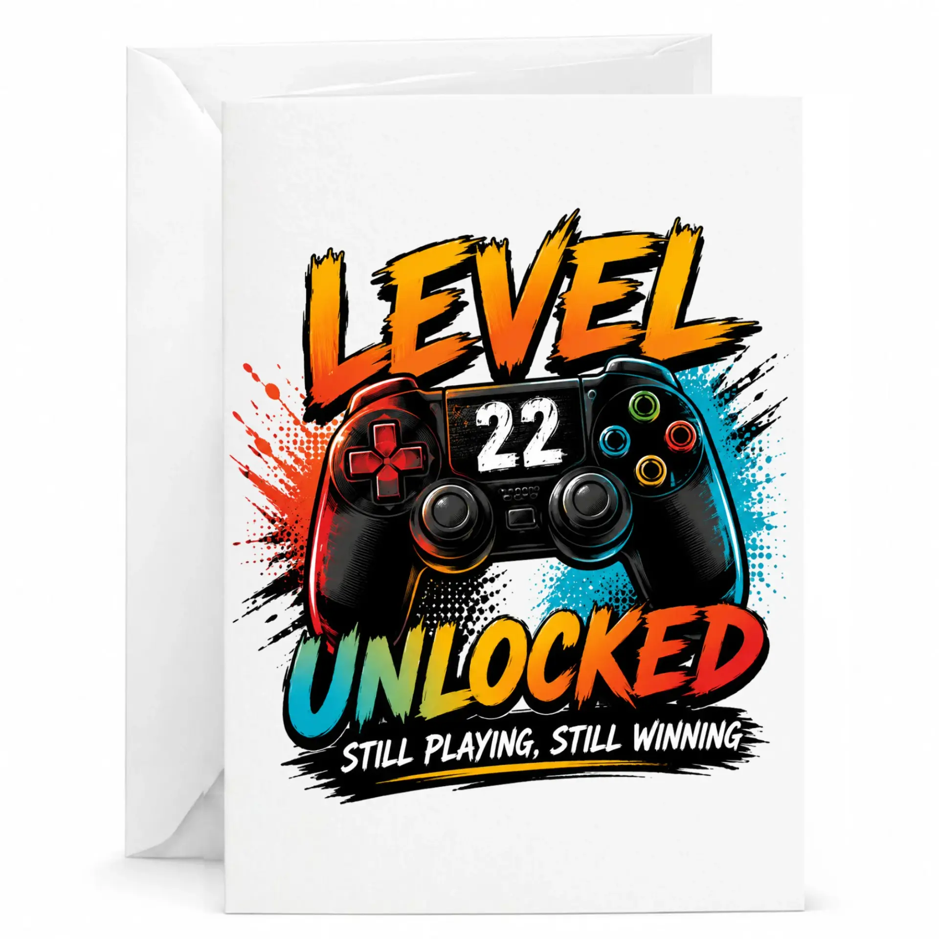 Funny Birthday Card Level 22 Unlocked Video Game Controller Illustration for Milestone Celebration Greeting