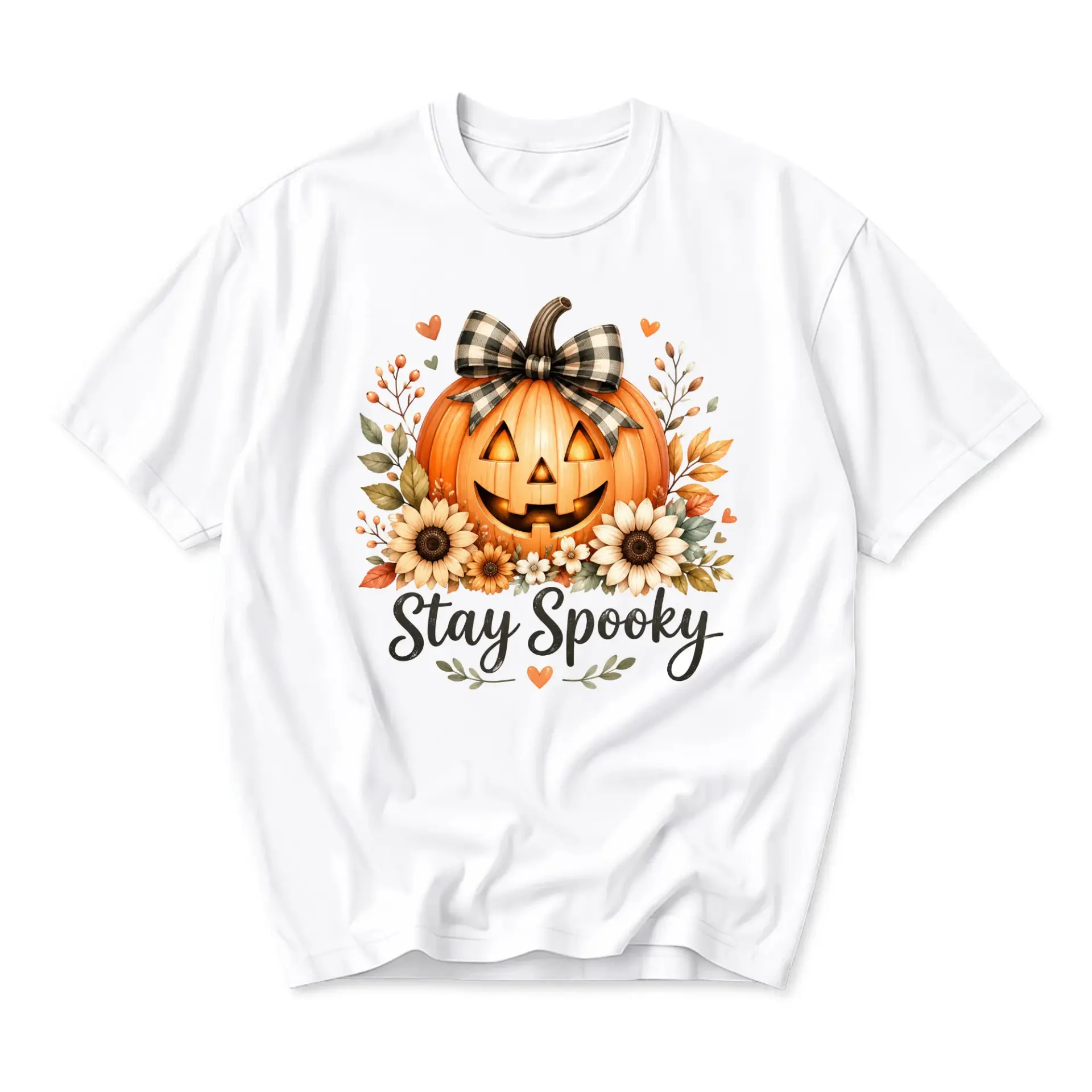 Graphic Tee Stay Spooky Pumpkin Sunflower Fall Shirt Unisex Crew Neck Short Sleeve Casual Autumn Apparel White