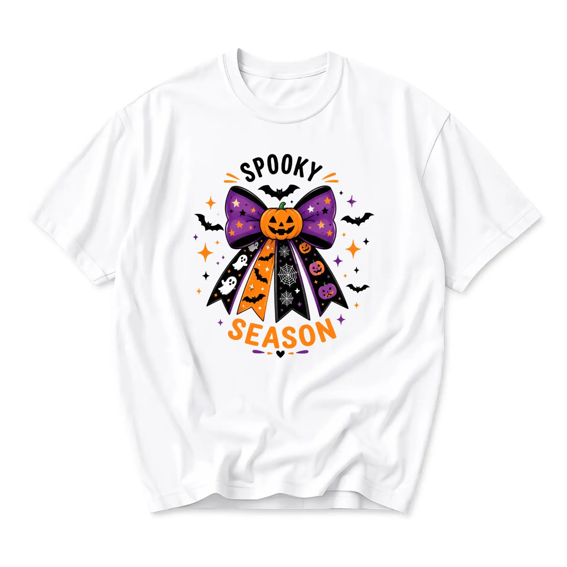 Graphic Tee Spooky Season Pumpkin Bow Unisex Crew Neck T-Shirt Short Sleeve Casual Fall Holiday Apparel White Shirt