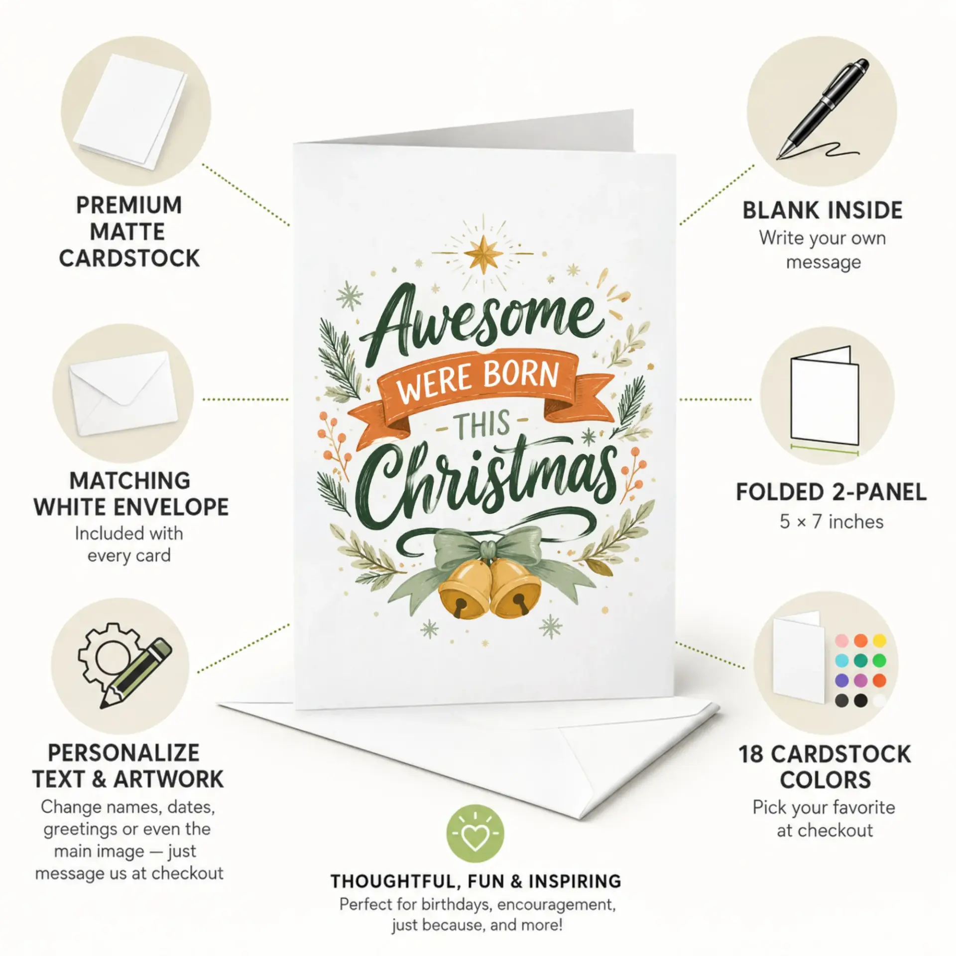 Greeting Card Awesome Were Born This Christmas Festive Holiday Greeting for Friends and Family with Envelope