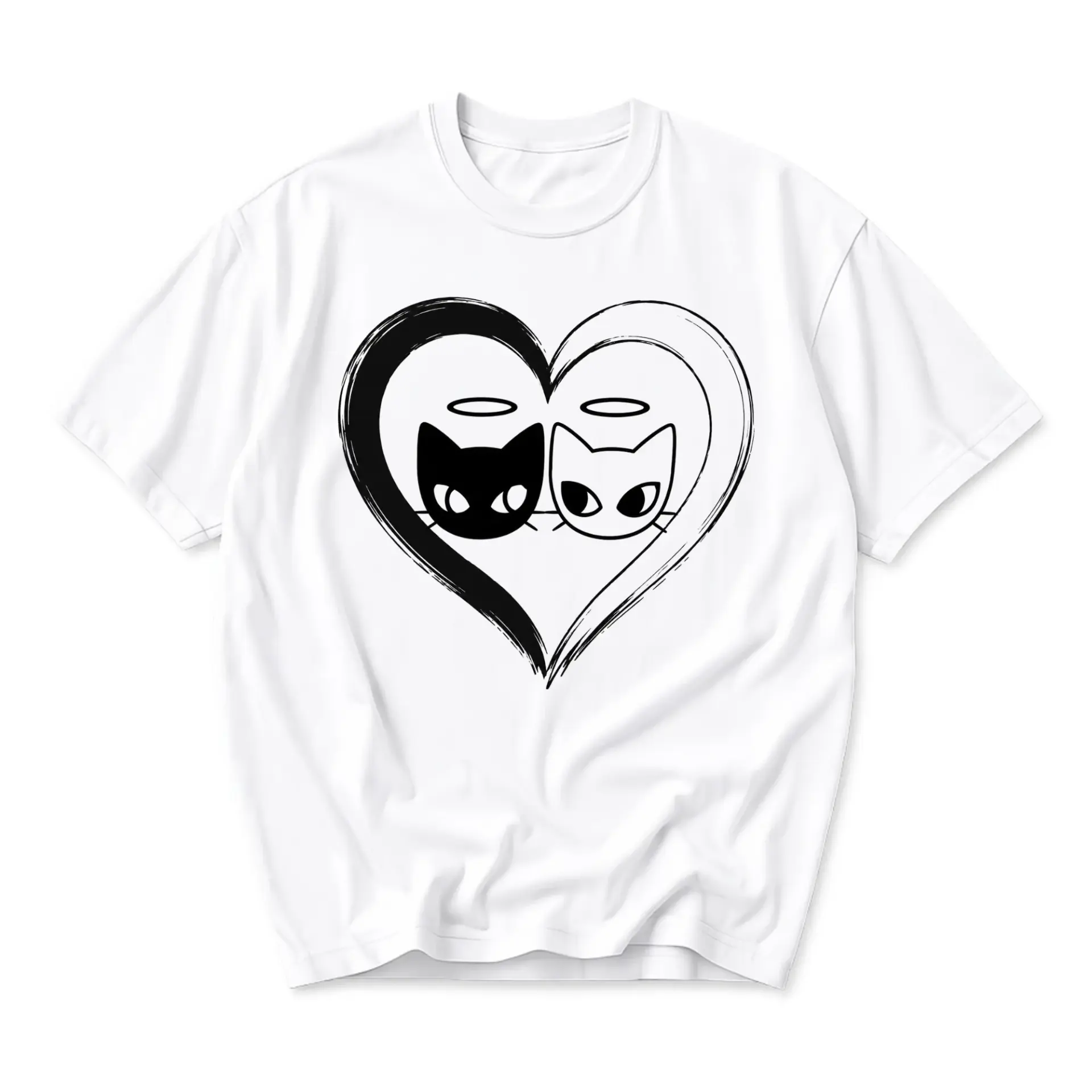 Graphic Tee Unisex Crew Neck T-Shirt Featuring Yin Yang Heart Cat Design Aesthetic Minimalist Art Print Top