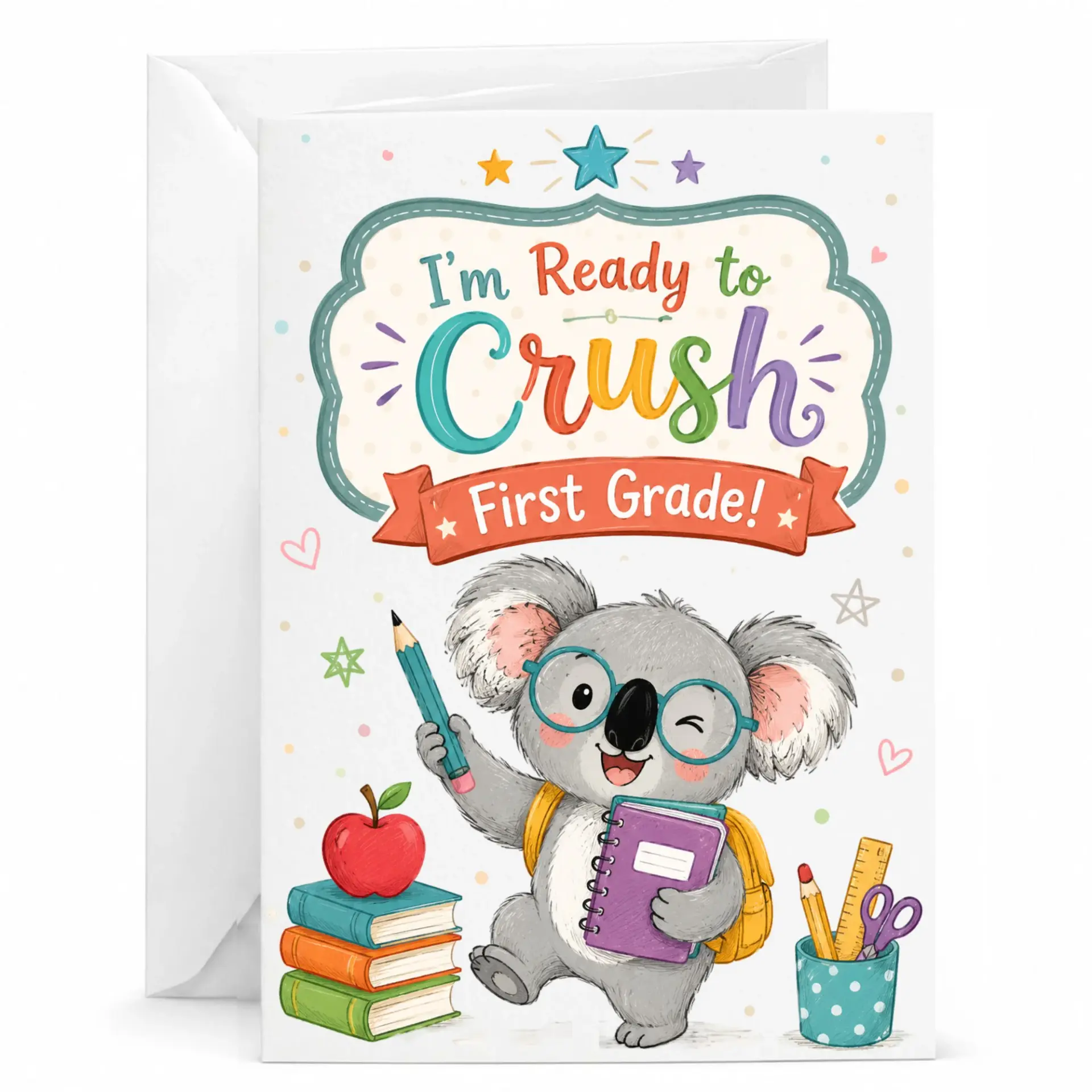Greeting Card for Year Featuring Cute Koala Character Holding Pencil and Notebook with Colorful Design