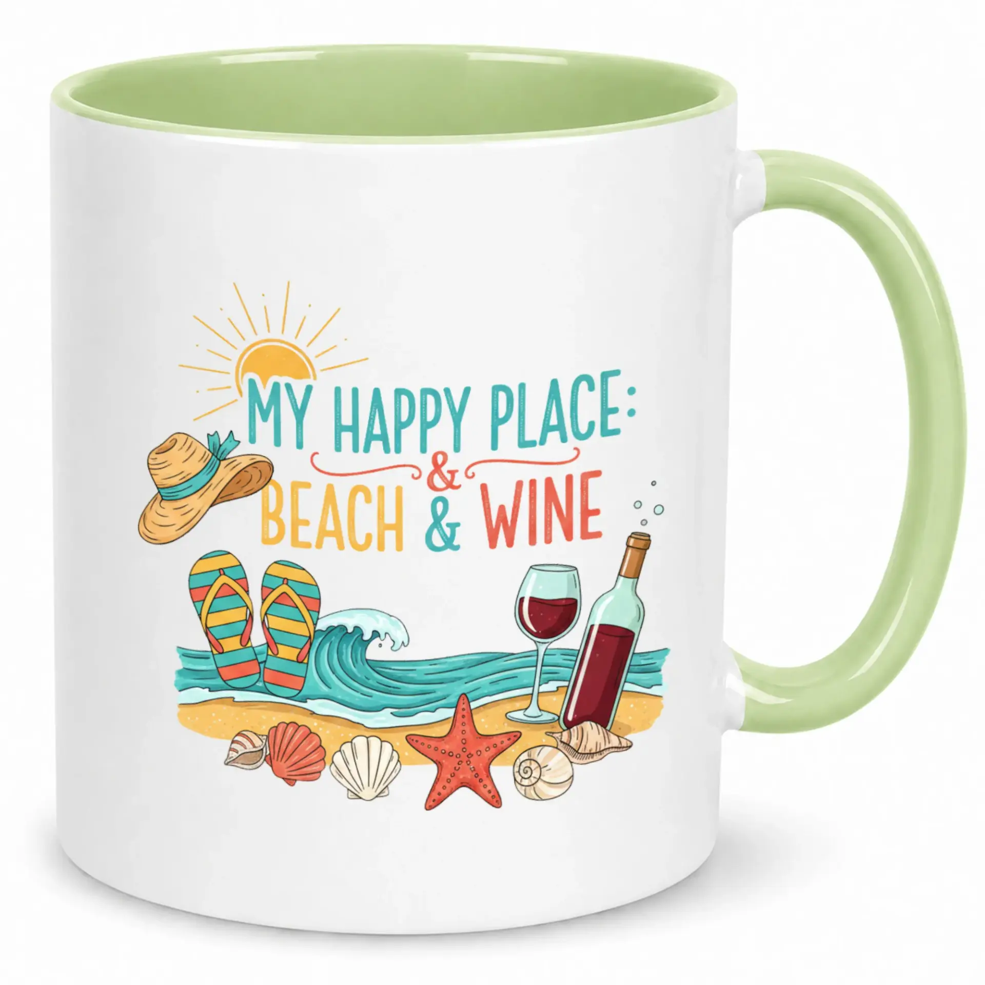 Funny Beach & Wine Ceramic Coffee Mug, "my Happy Place" Summer Vacation Theme Drinkware, 11oz or 15oz White Glossy Beverage Cup with Light Green Handle