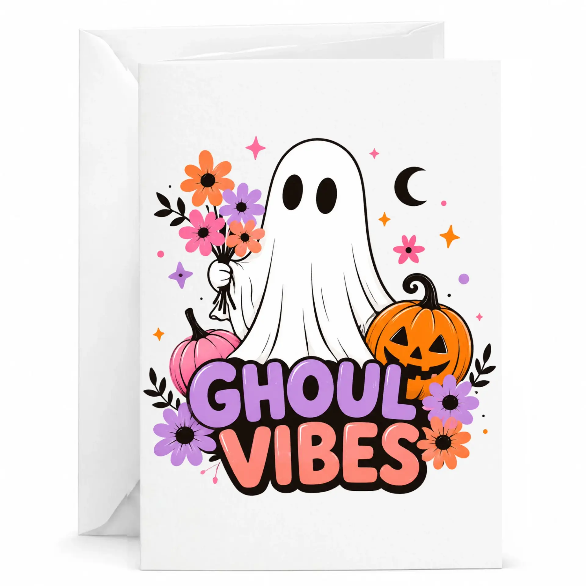 Funny Ghoul Vibes Greeting Card with Envelope Cute Spooky Floral Autumn Illustration for Fall Celebrations