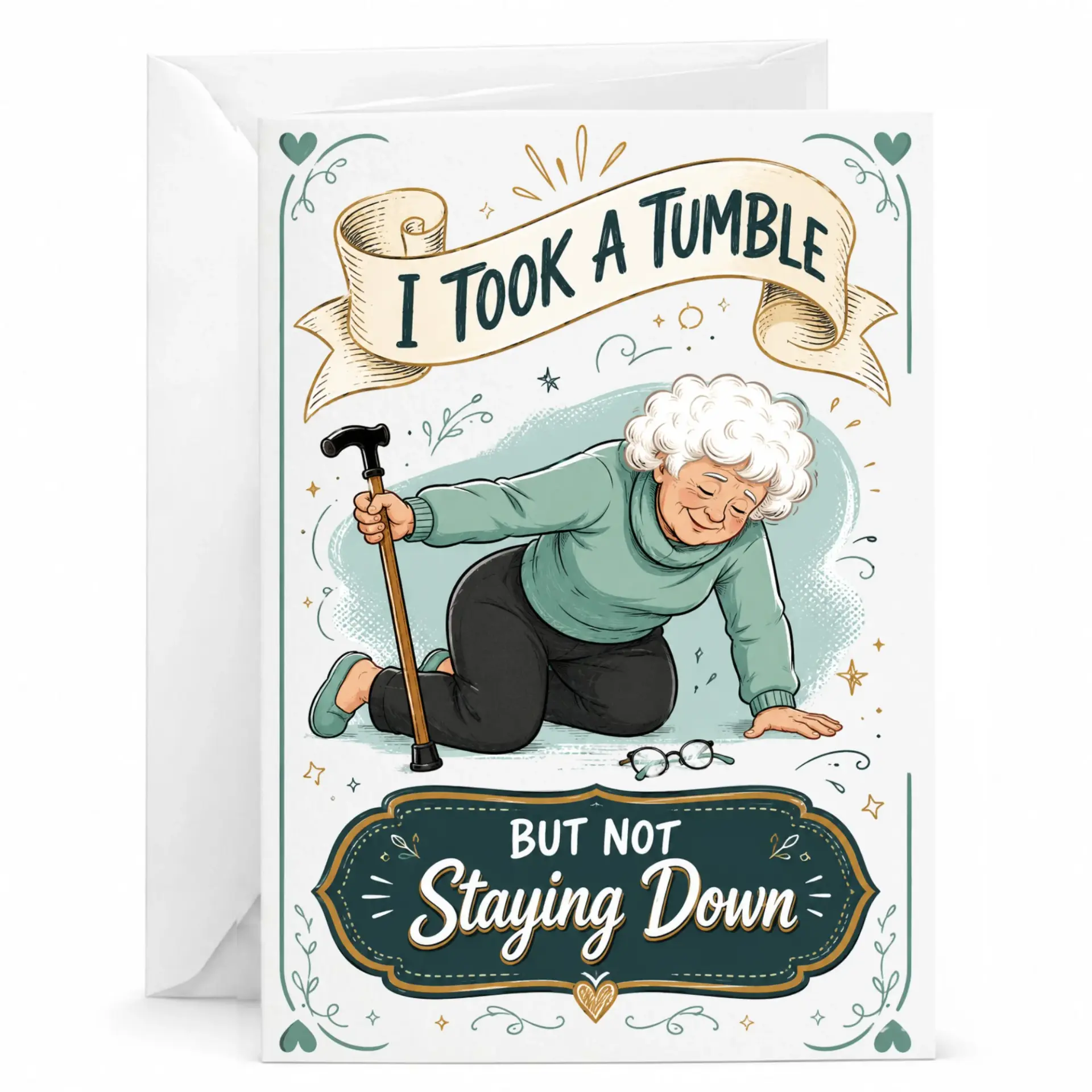 Funny Greeting Card I Took a Tumble but Not Staying Down Whimsical Illustration Encouragement for Recovery