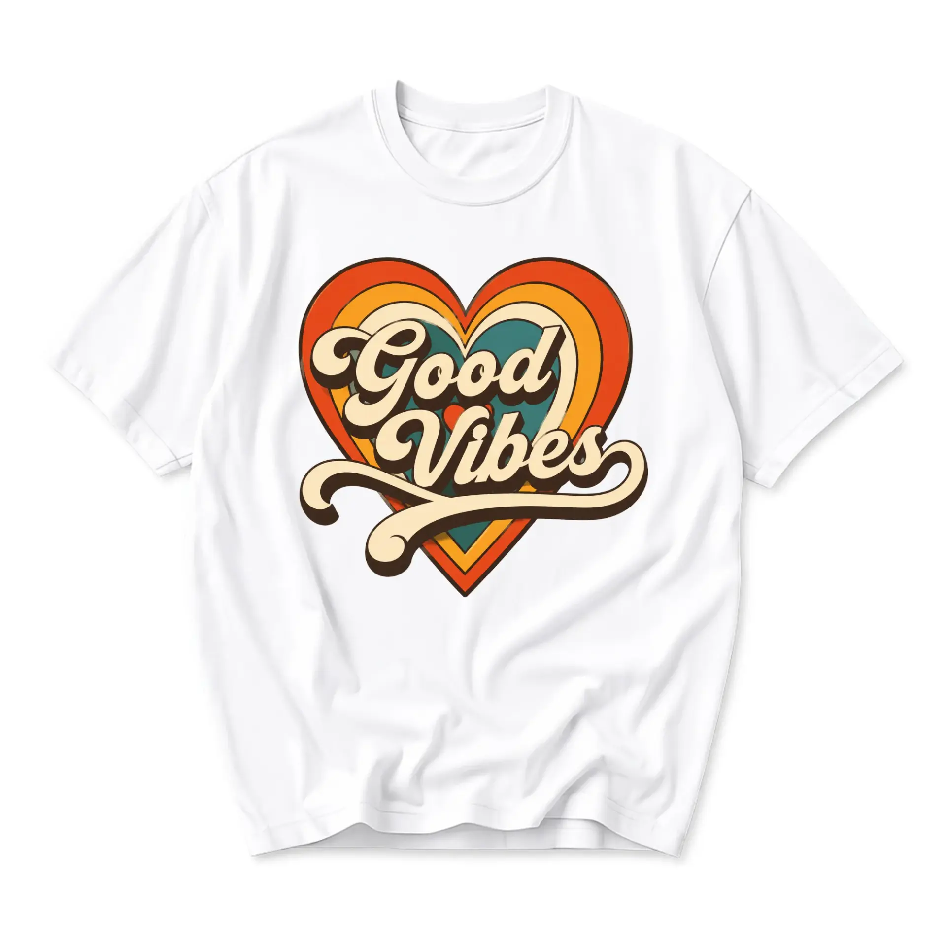 Graphic Tee Good Vibes Retro Heart Design Unisex Crew Neck Short Sleeve Shirt for Casual Everyday Wear and Self Expression