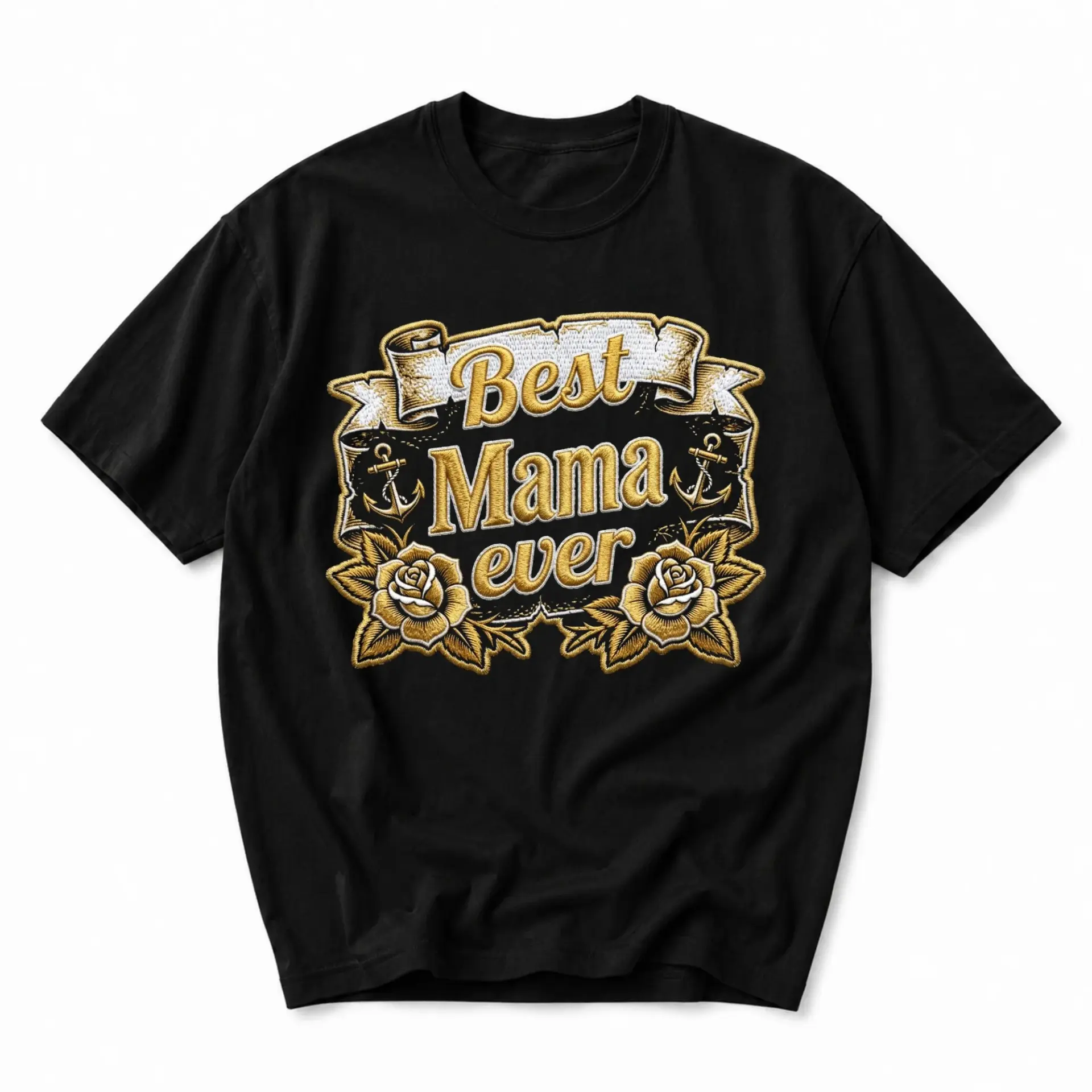 Graphic Tee Best Mama Ever Vintage Style Scroll Anchor Rose Design Unisex Black Cotton Crew Neck Casual Short Sleeve Top
