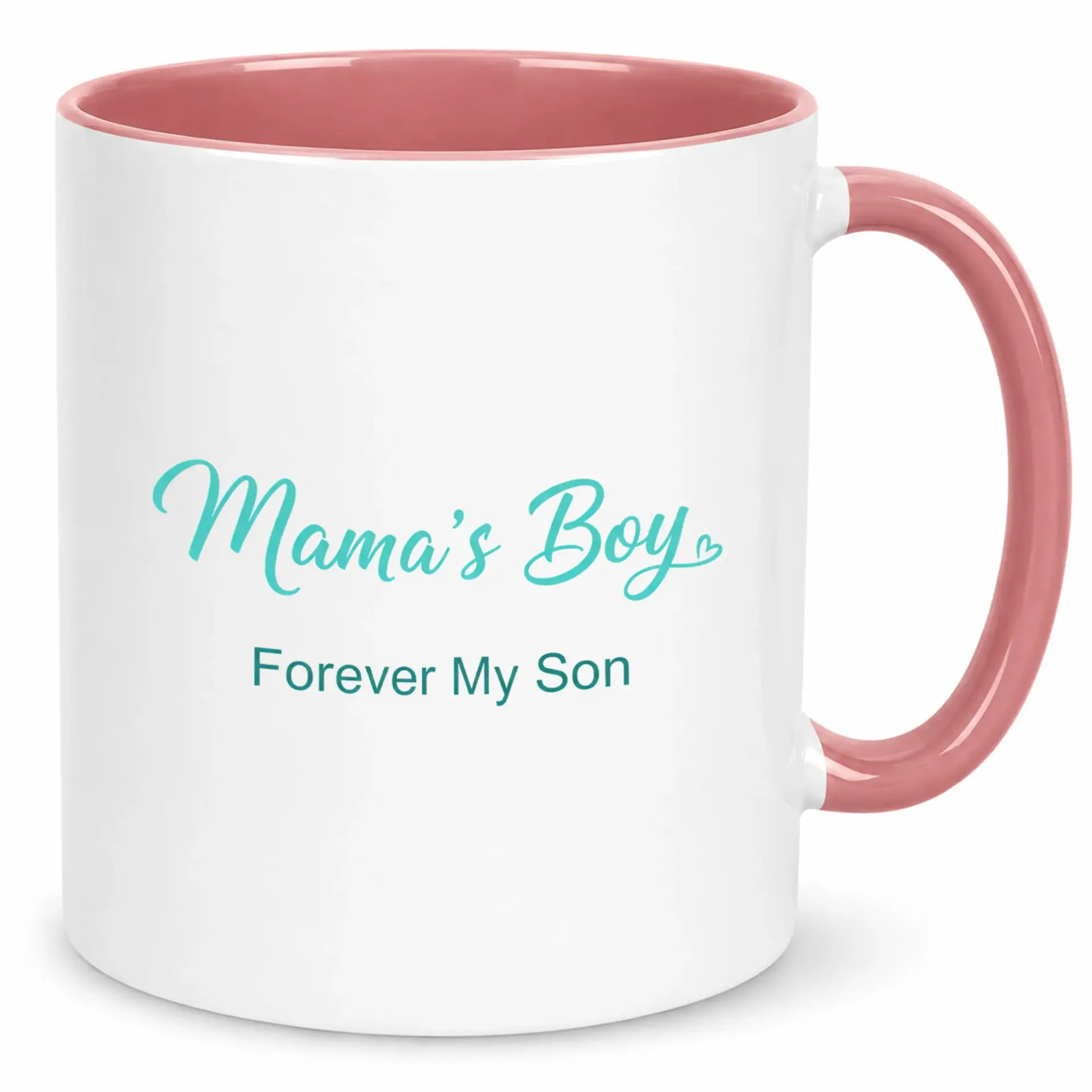 Coffee Mug for Mom Mama's Boy Forever My Son Ceramic Drinkware Thoughtful Sentiment Gift White with Pink Interior Handle 11oz
