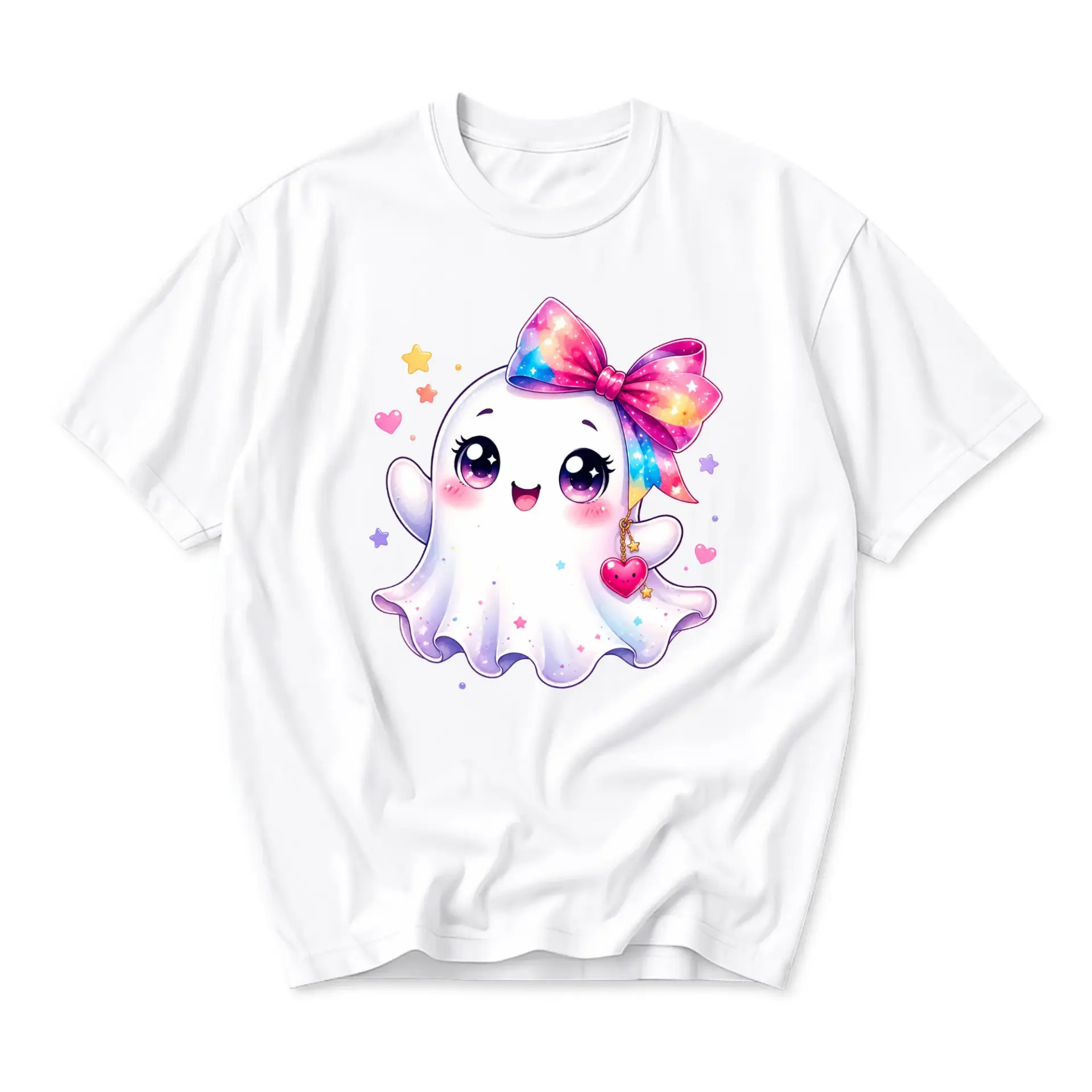Graphic Tee Cute Ghost Wearing Rainbow Ribbon Bow Illustration Unisex Short Sleeve Crew Neck Casual Cotton Shirt