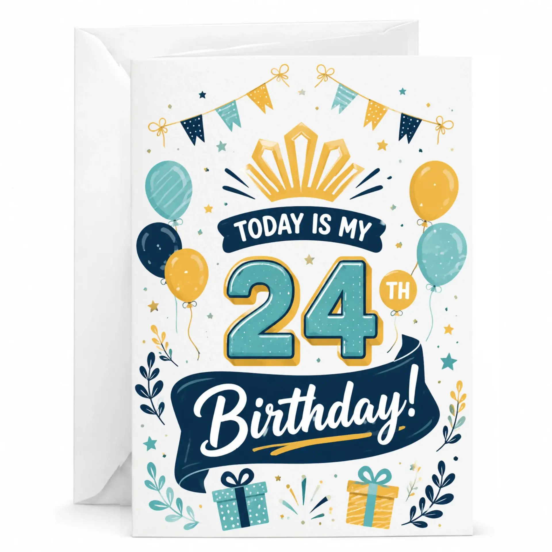 Birthday Card for 24th Birthday Celebration Decorative Design with Festive Balloons and Confetti Greeting Card