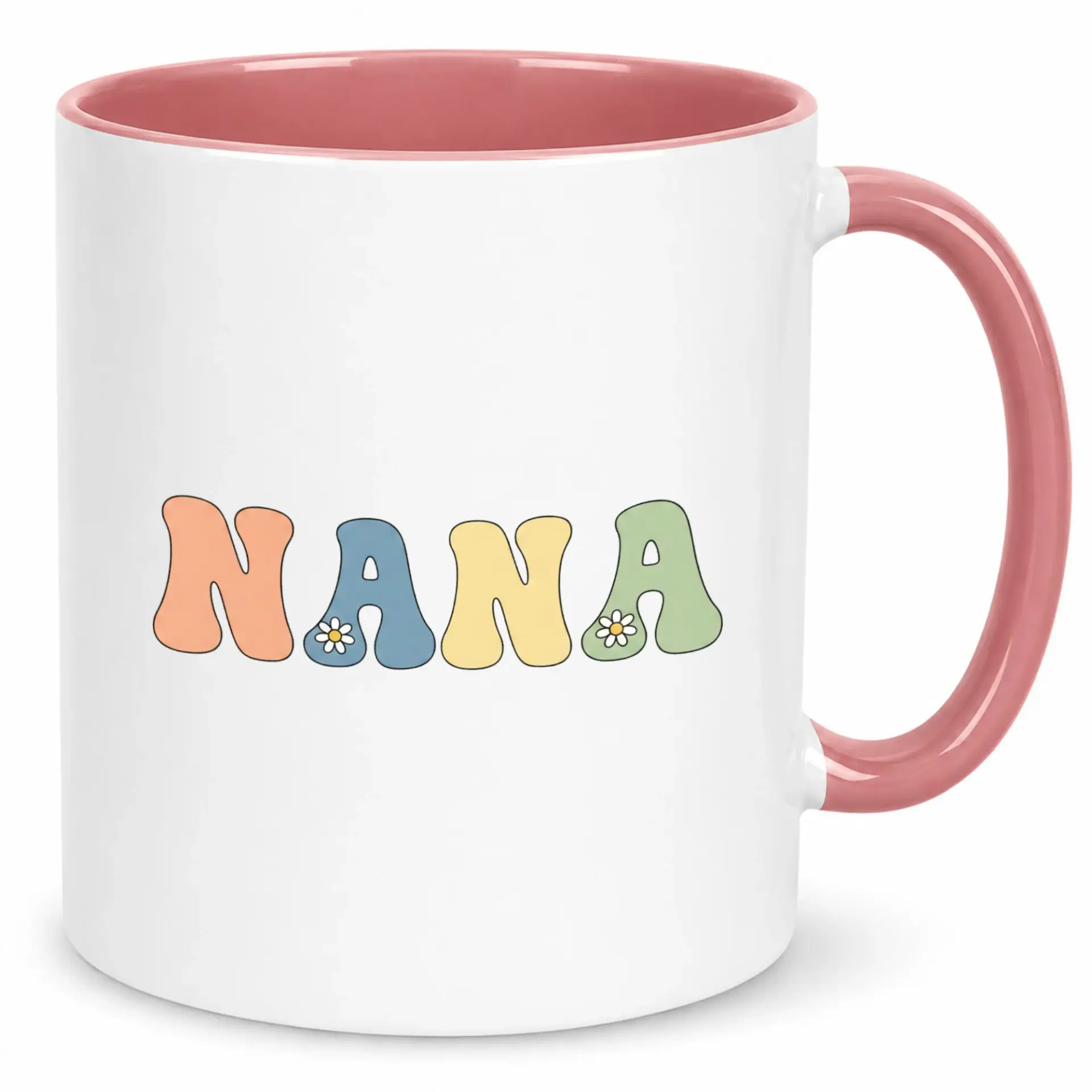Coffee Mug for Nana Groovy Lettering Floral Design White Ceramic Beverage Cup with Pink Handle and Interior Grandparent Family Gift