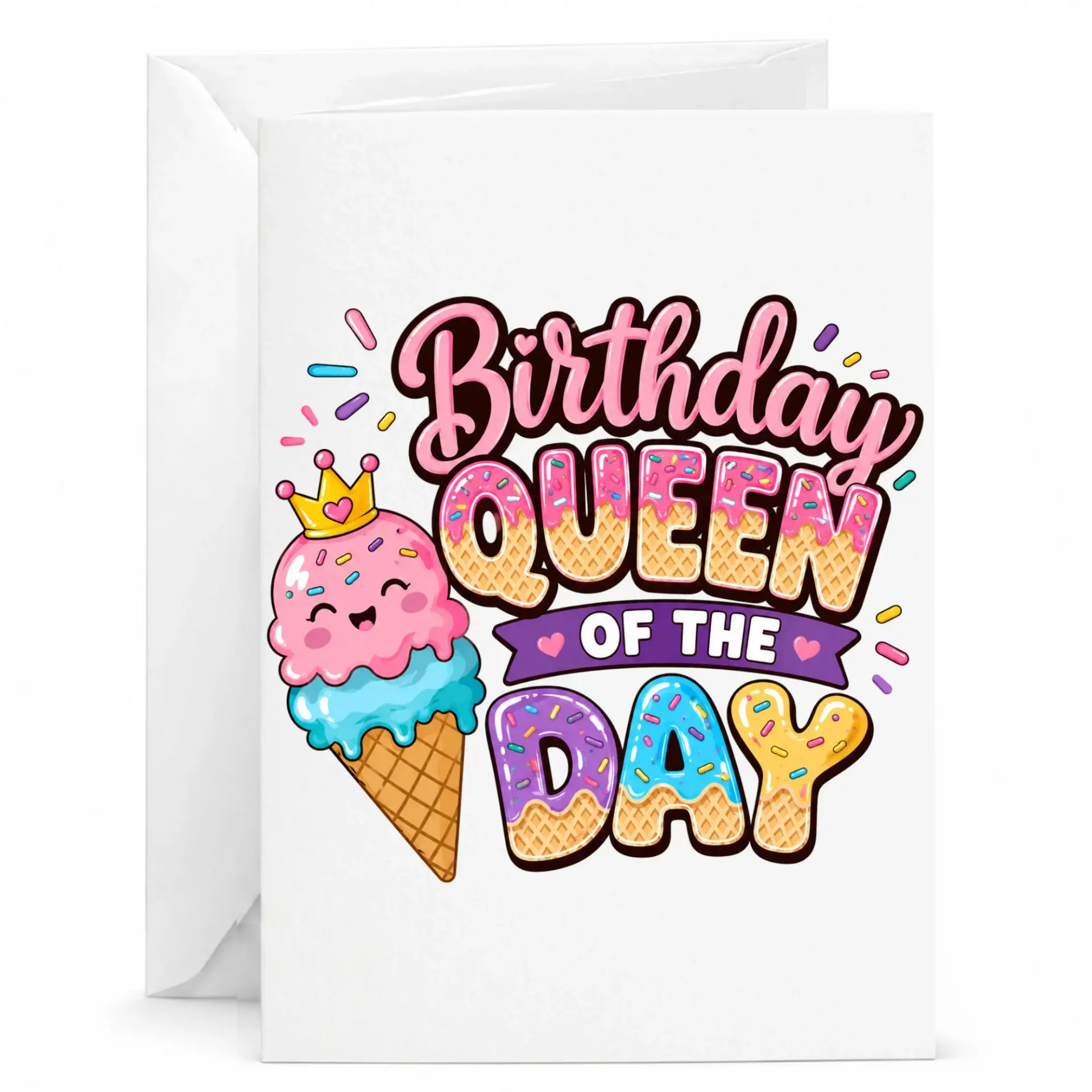 Birthday Card Queen of with Cute Ice Cream Illustration Premium Greeting for Special Celebrations