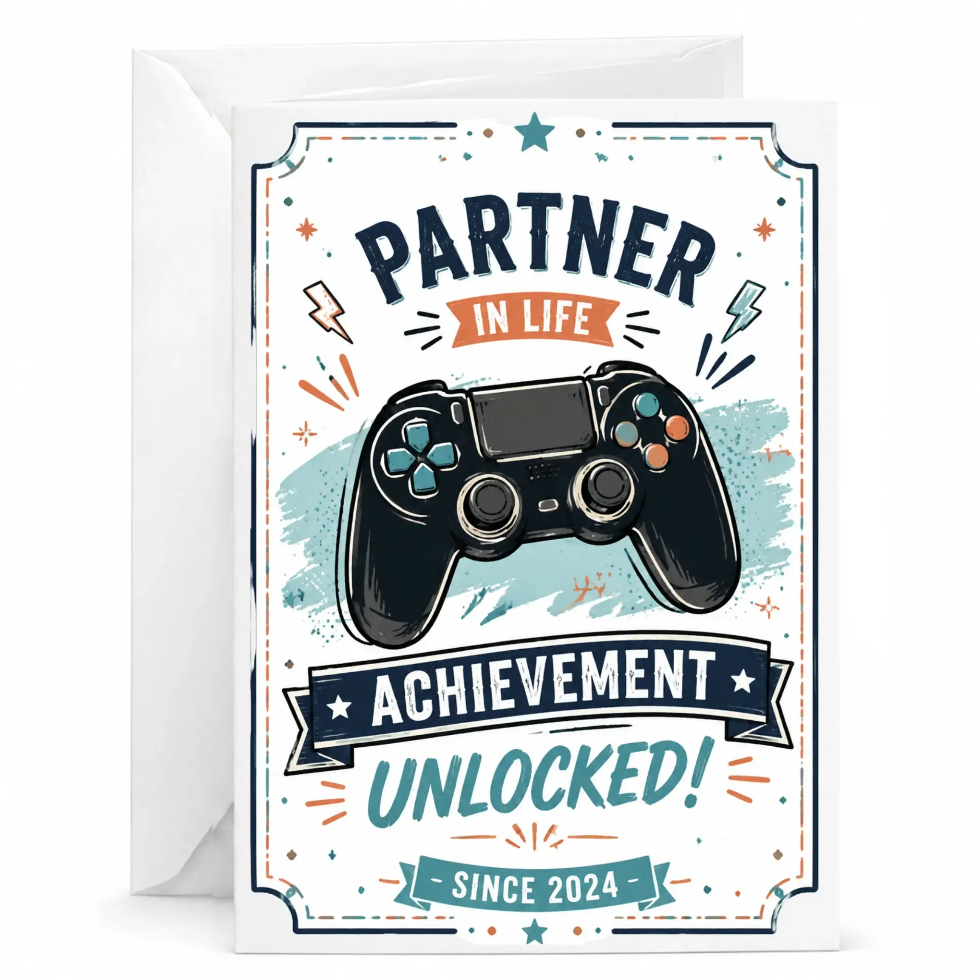 Funny Greeting Card Partner in Life Achievement Unlocked Since 2024 Video Game Controller Design Stationery