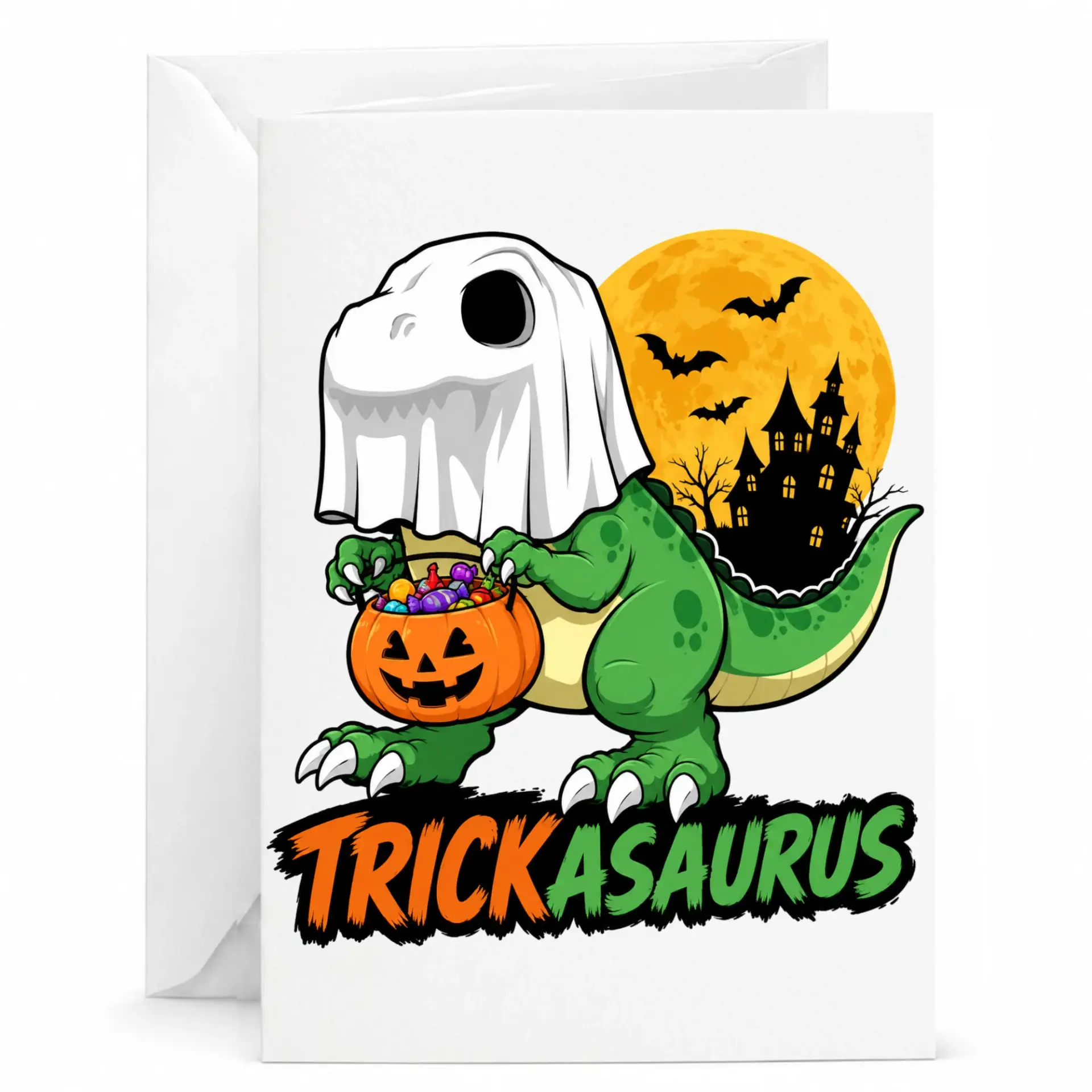 Funny Trickasaurus Dinosaur Greeting Card for Fall Holiday Enthusiasts and Halloween Lovers 5x7 Folded Stationery