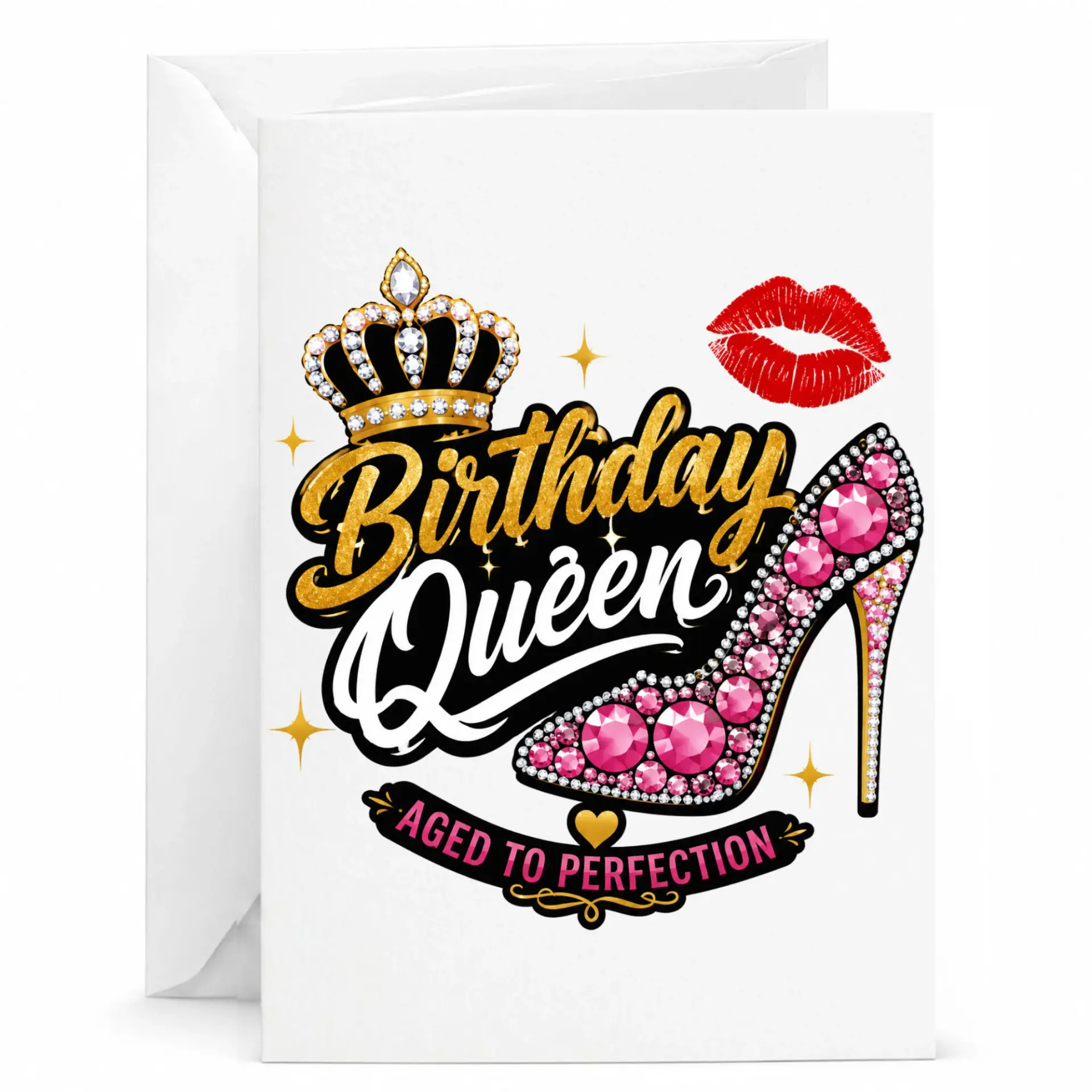 Birthday Queen Greeting Card Aged to Perfection Design with Crown and High Heel Illustration 5x7 Inches Folded