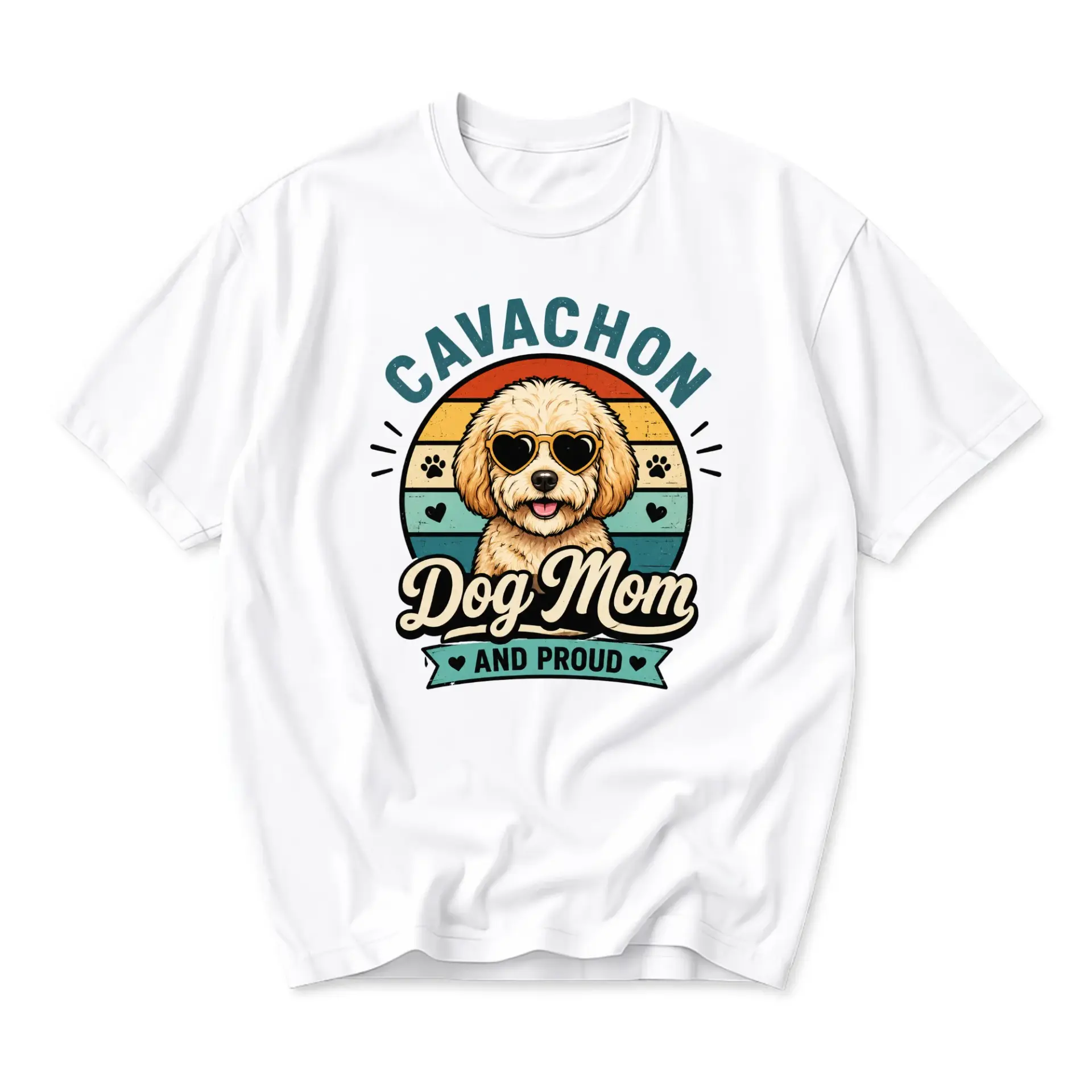 Graphic Tee Cavachon Dog Mom and Proud Unisex Crew Neck T-Shirt Vintage Style Casual Apparel for Pet Lovers White