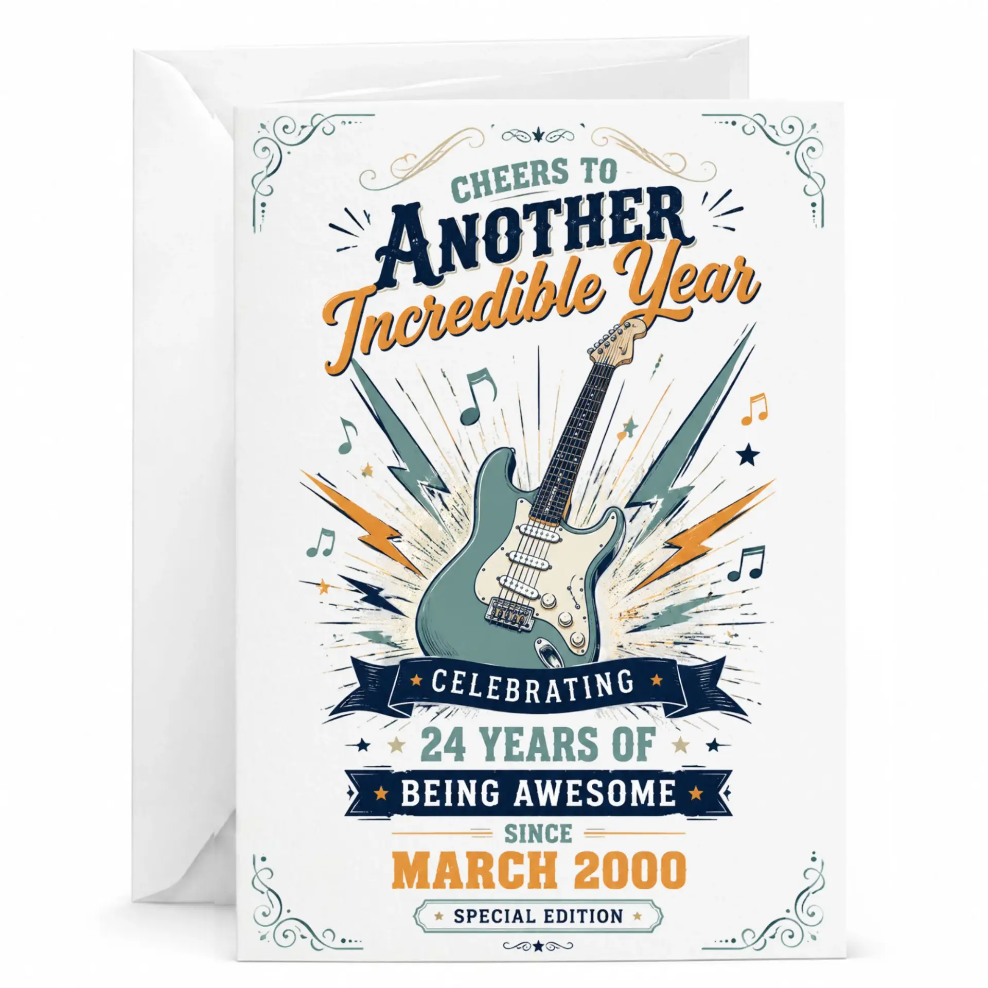 Birthday Card for 24th Birthday Guitar Theme Celebration Greeting Card for Turning Twenty Four Years Old Since March 2000