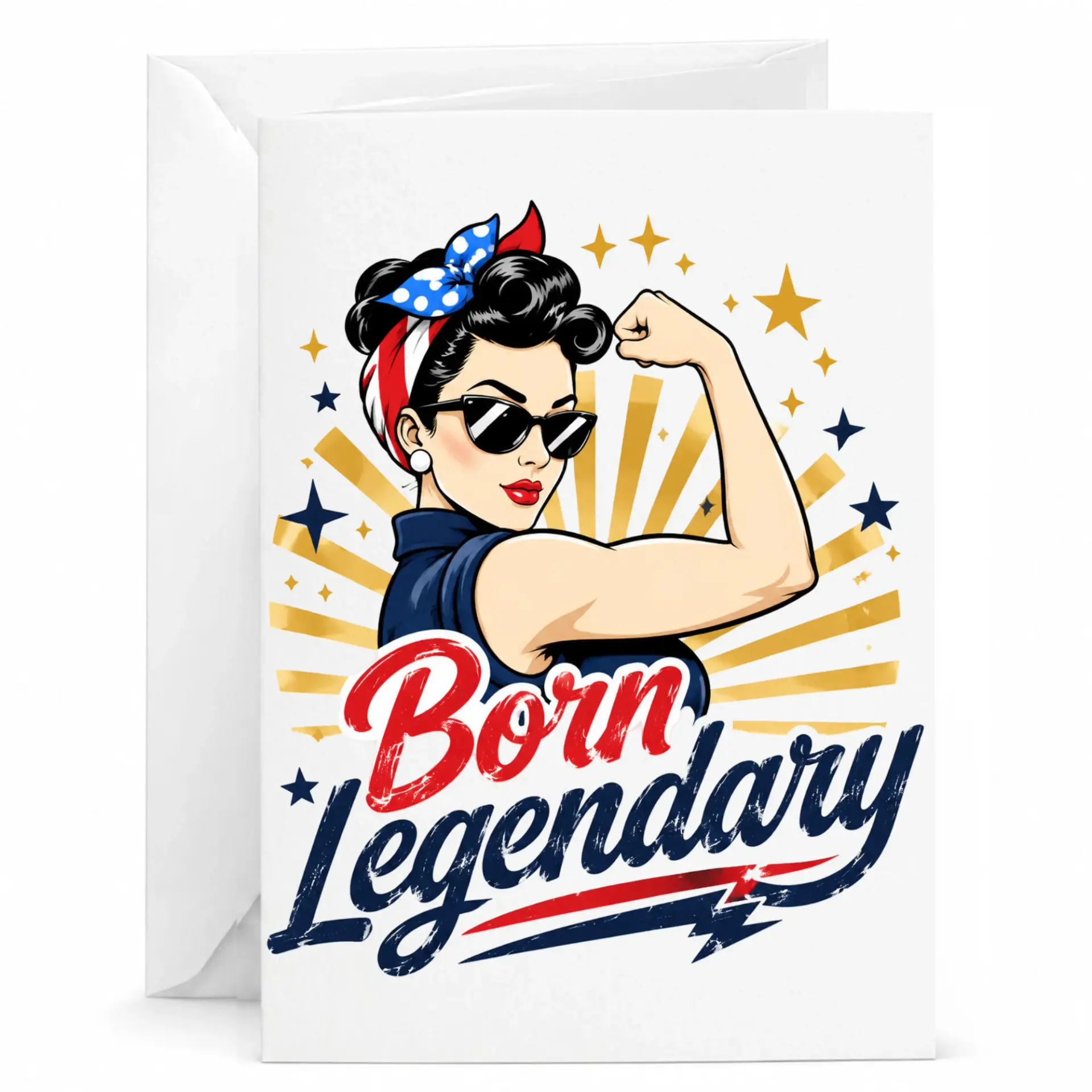 Greeting Card Born Legendary Retro Pop Art Style Woman Flexing Bicep Design Blank Inside with Included White Envelope
