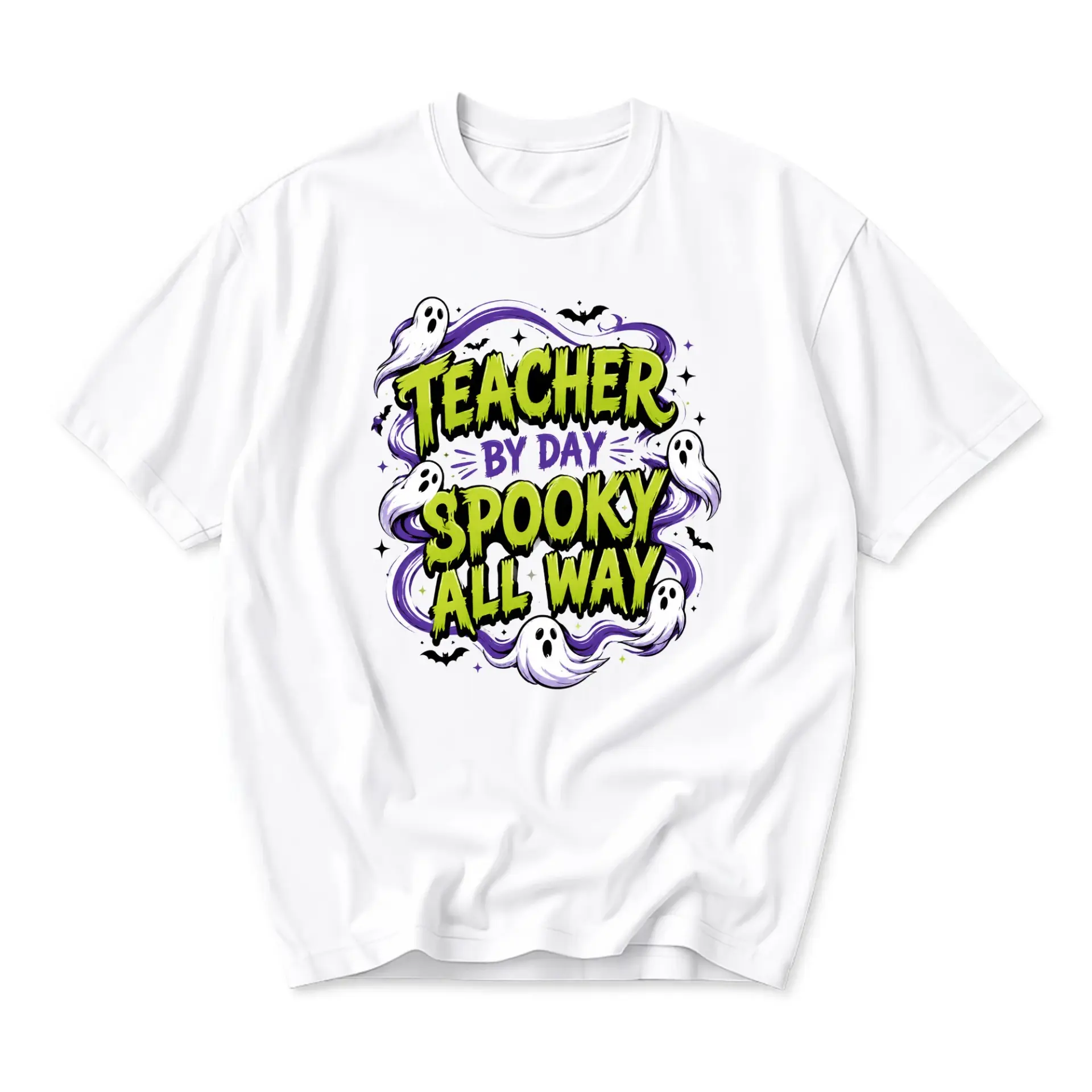 Funny Shirt Teacher by Day Spooky All Way Graphic Tee Unisex Crew Neck Apparel for Educators Fall Halloween Season