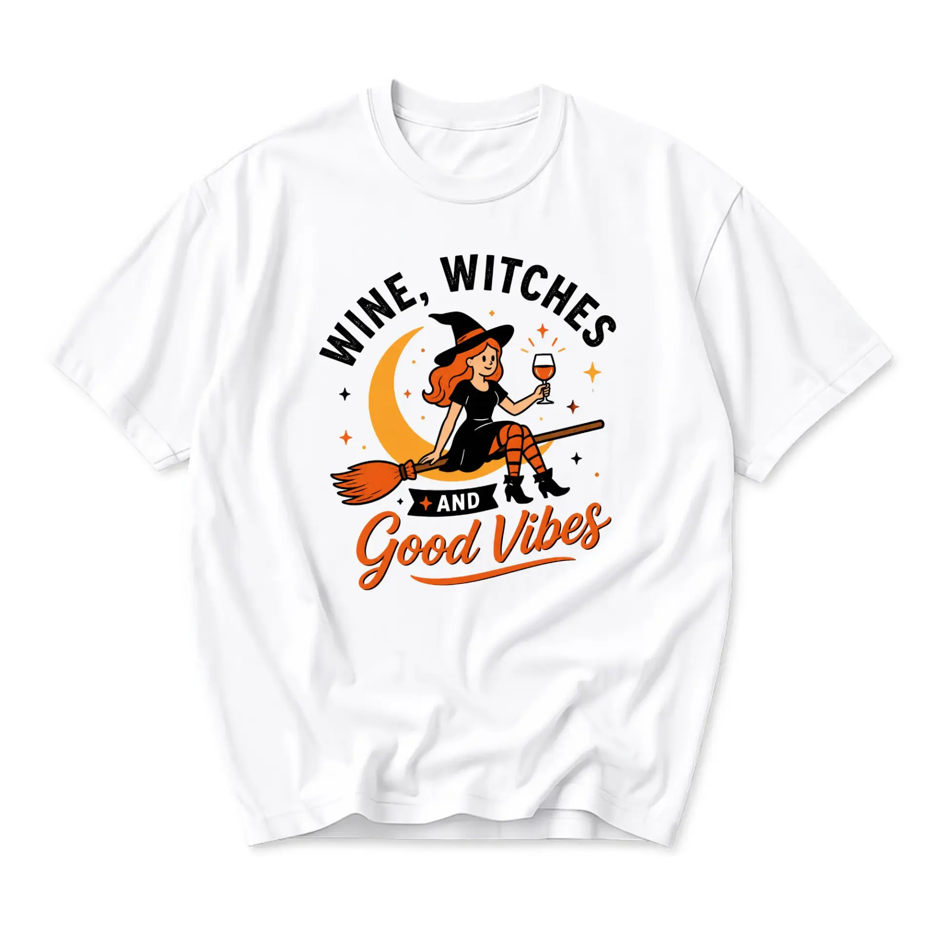 Funny Shirt Wine Witches and Good Vibes Graphic Tee Seasonal Holiday Casual Unisex Cotton Crew Neck Short Sleeve