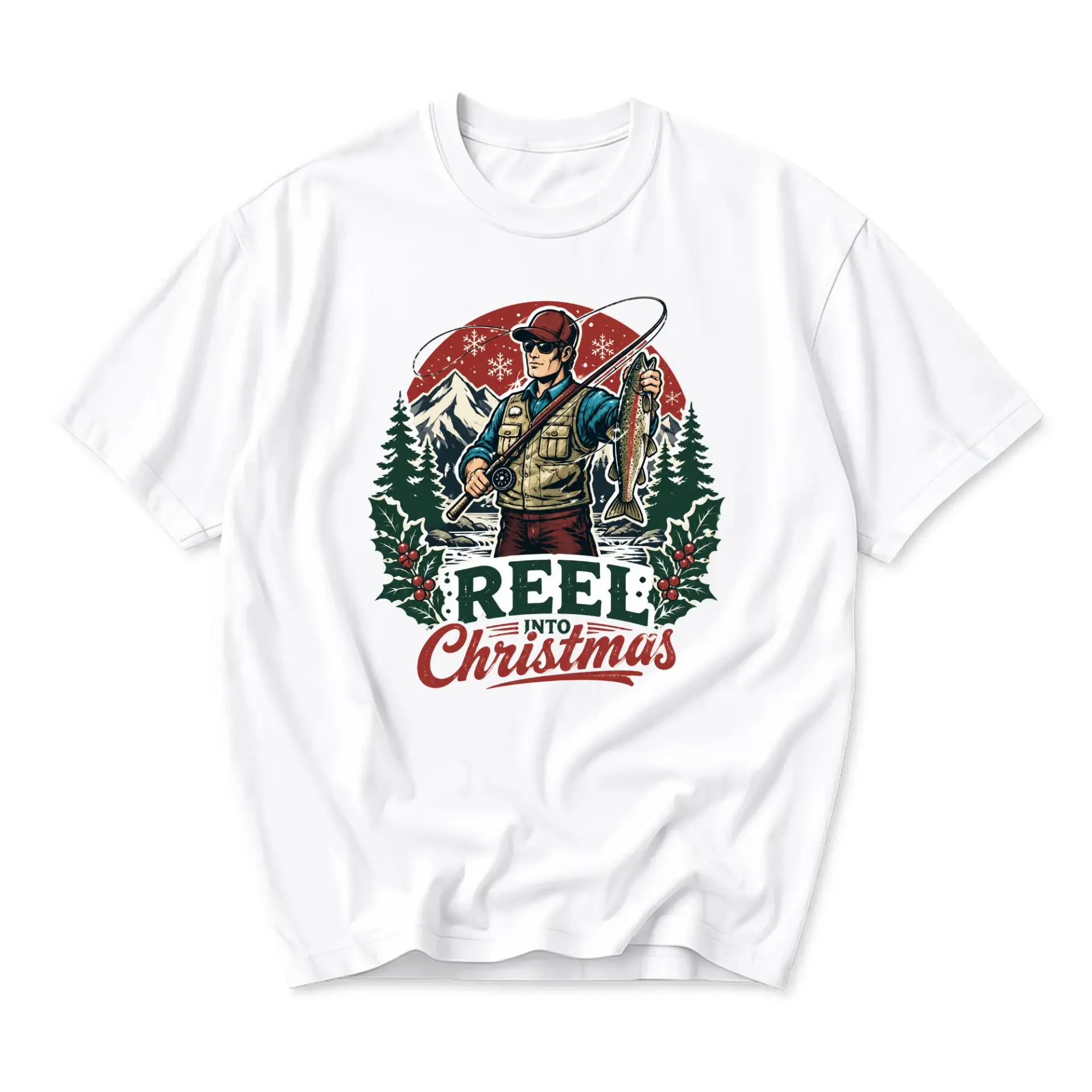 Funny Shirt Reel into Christmas Fisherman Graphic Tee Holiday Fishing Lover