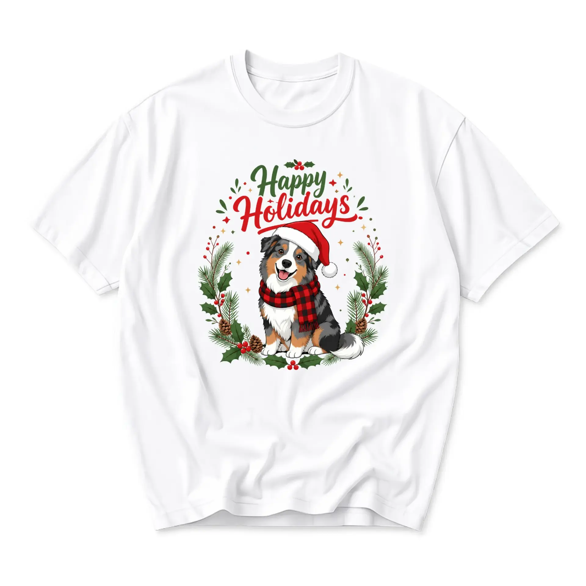 Graphic Tee Happy Holidays Australian Dog Shirt Festive Print Crew Neck