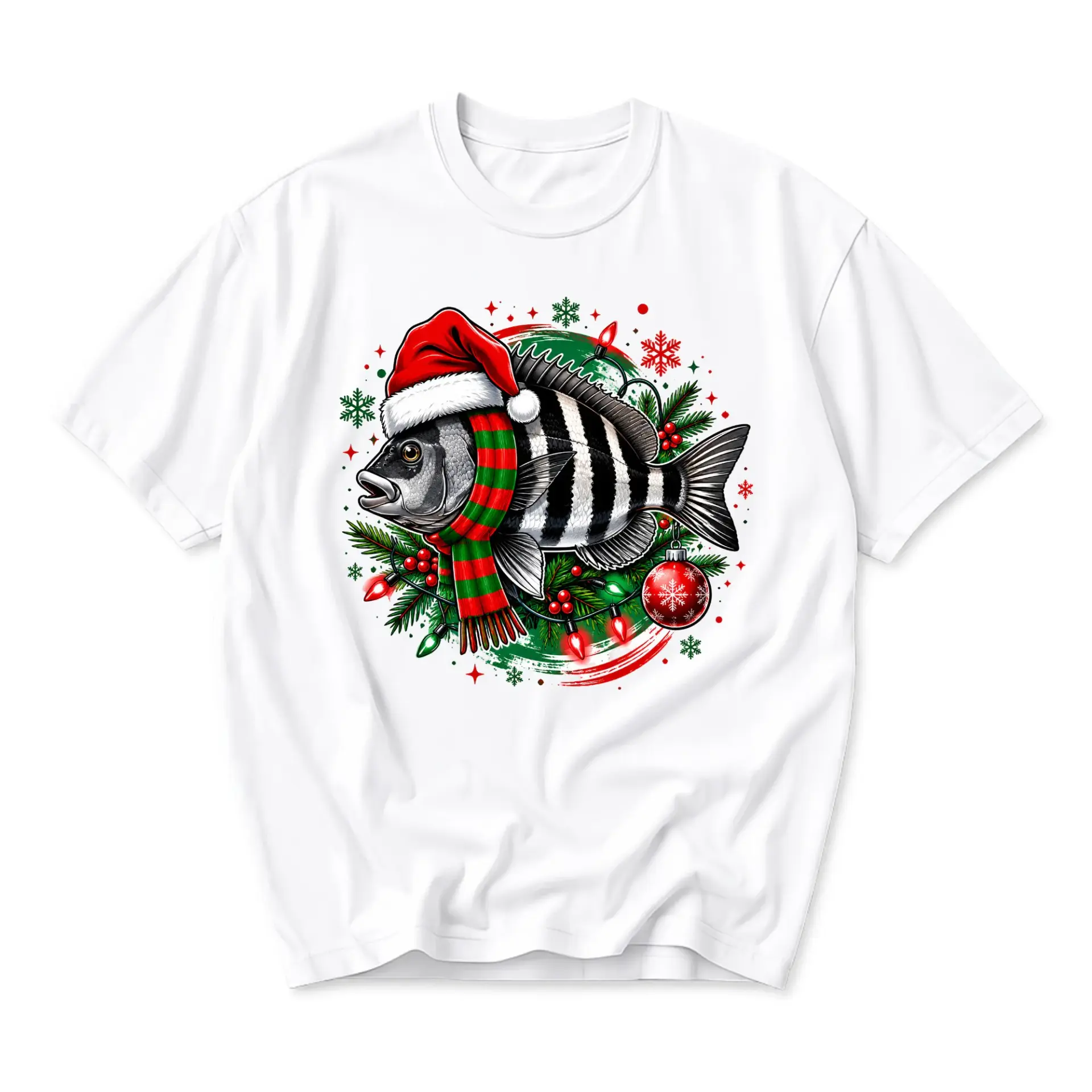 Graphic Tee Funny Holiday Sheepshead Fish Unisex Short Sleeve Crew Neck Shirt for Casual Christmas Season Wear