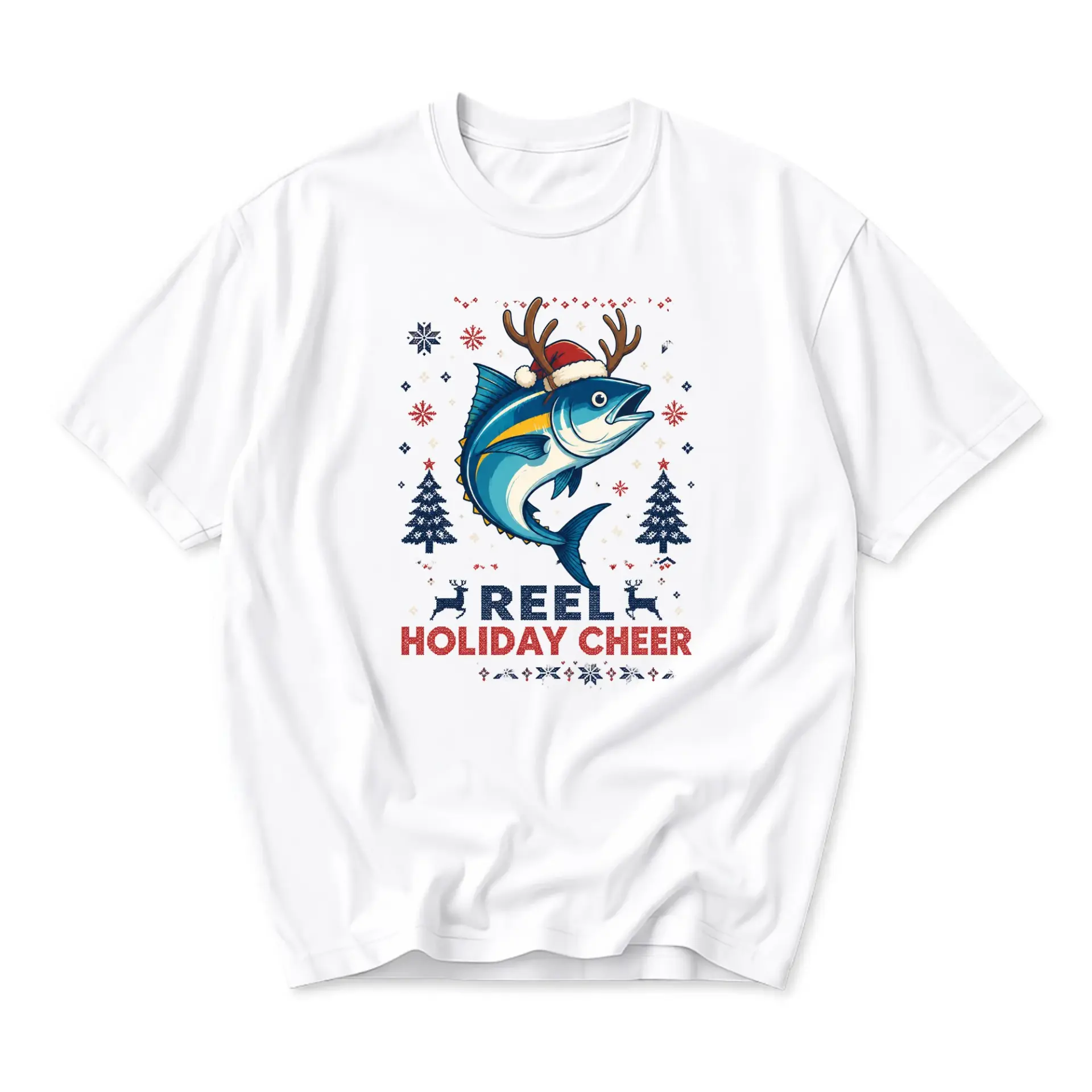 Funny Shirt Reel Holiday Cheer Fishing T-Shirt Unisex Graphic Tee with Reindeer Fish Seasonal Novelty Apparel