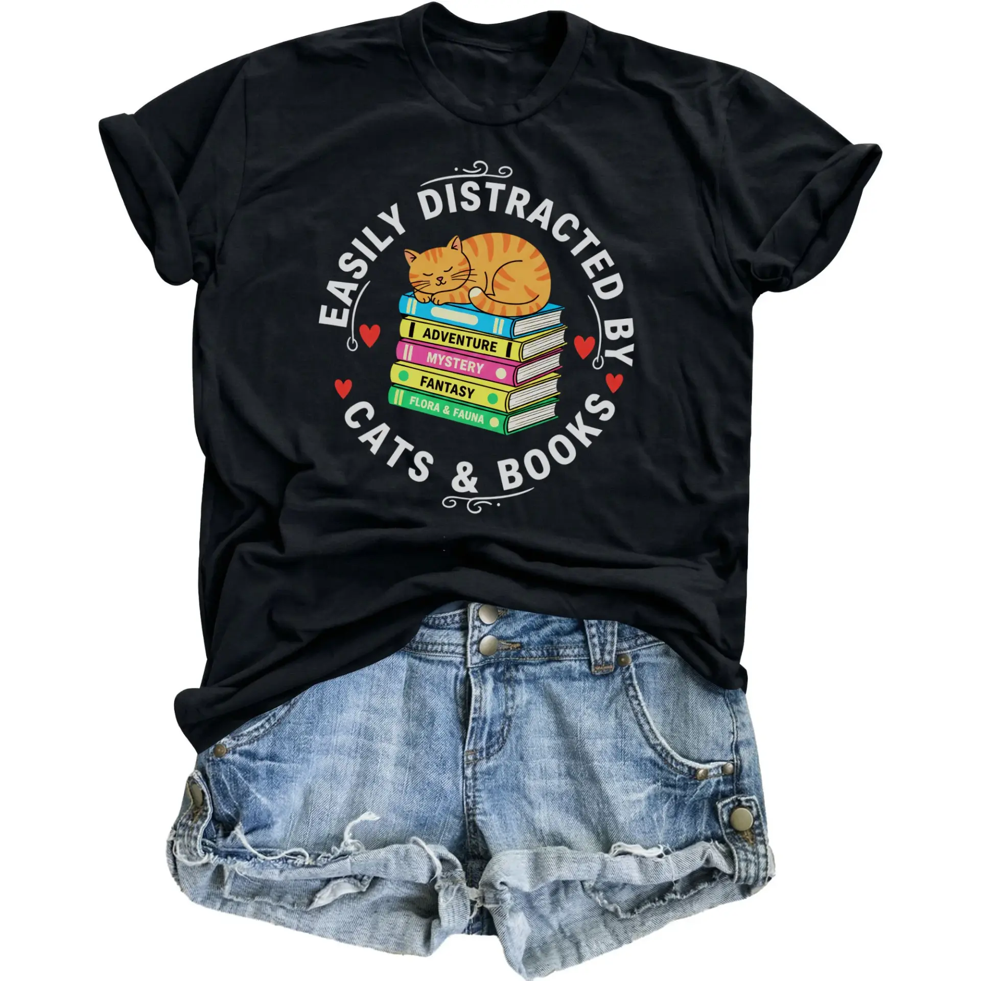 Graphic Tee Easily by Cats and Books Unisex T-Shirt Reading Lover Gift Casual Short Sleeve Crewneck Top