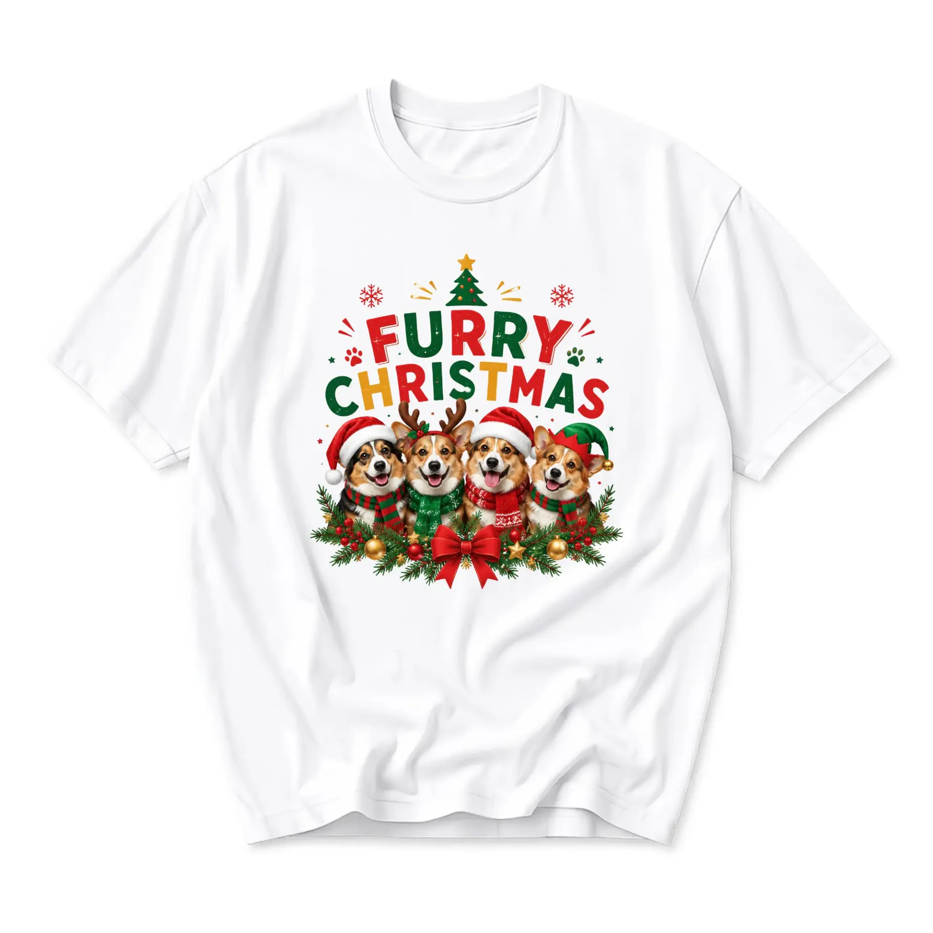 Funny Shirt Furry Christmas Corgi Graphic Tee Holiday Dog Print Unisex Crew Neck Casual Everyday Wear Soft Cotton