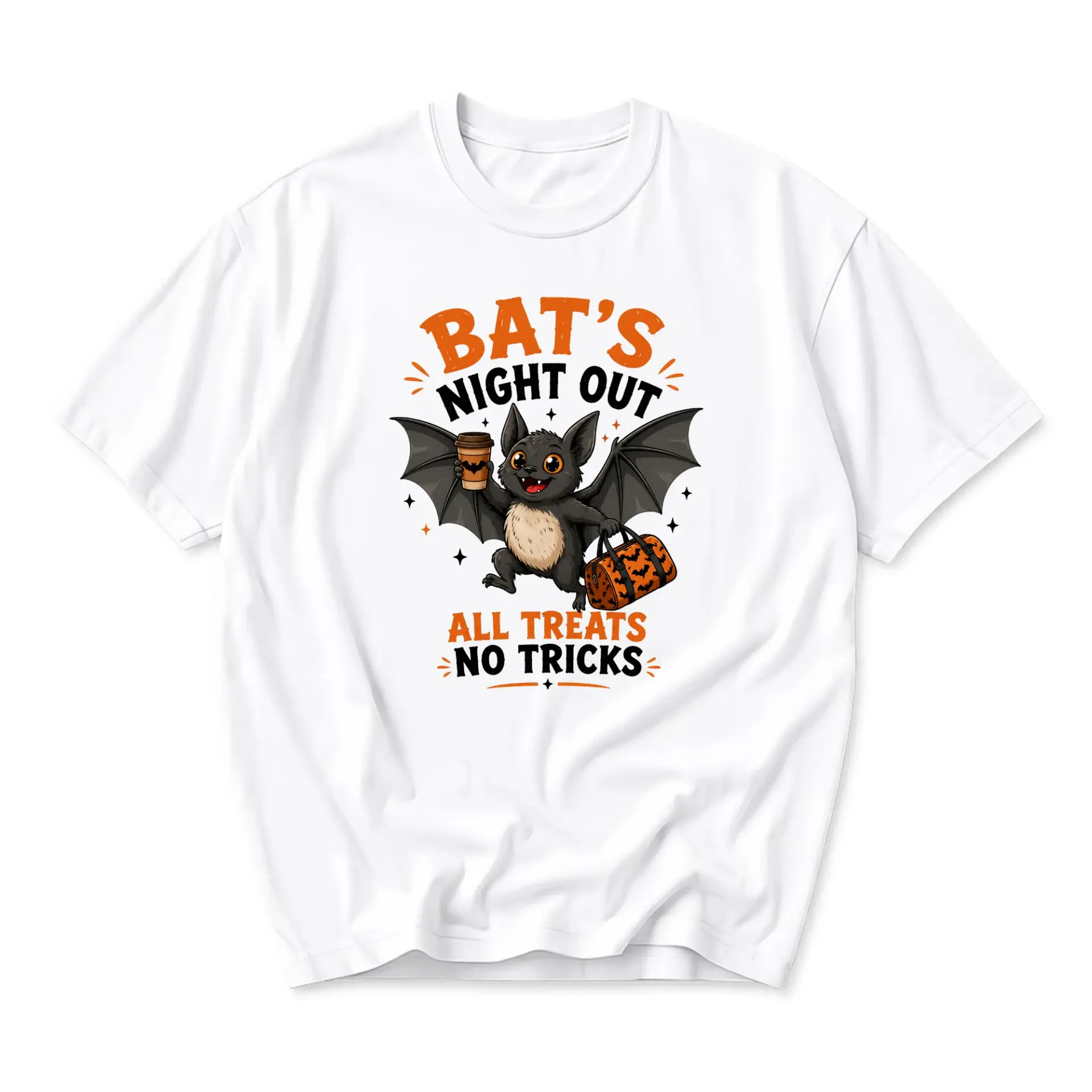 Funny Shirt Bat Night Out Graphic Tee All Treats No Tricks Unisex Crew Neck Casual Cotton Blend Summer Apparel