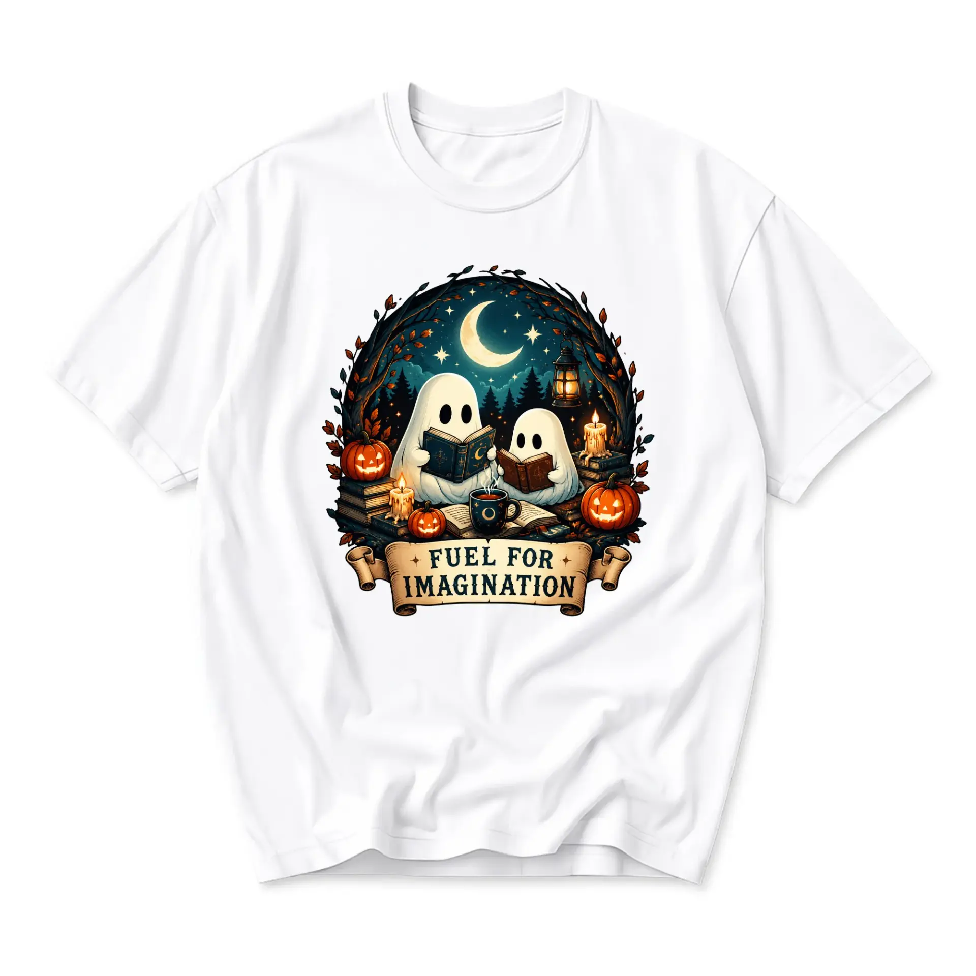 Graphic Tee Fuel for Imagination Spooky Ghost Reading Book Design Unisex Crew Neck Short Sleeve Cotton T-Shirt White