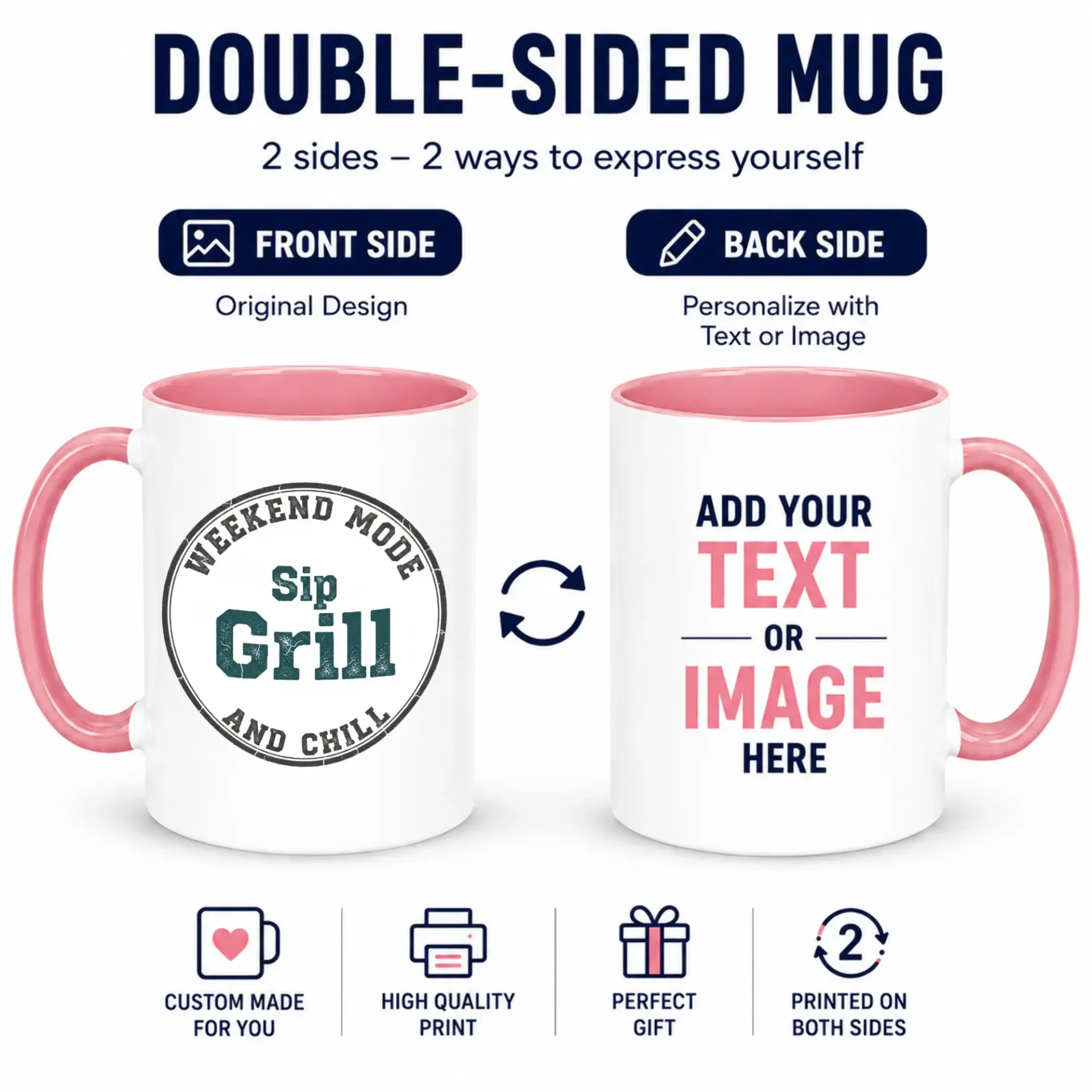 Funny Weekend Mode Coffee Mug, Relaxing Sip Grill and Chill Quote Ceramic Cup with Comfortable Handle, White and Blue Beverage Drinkware