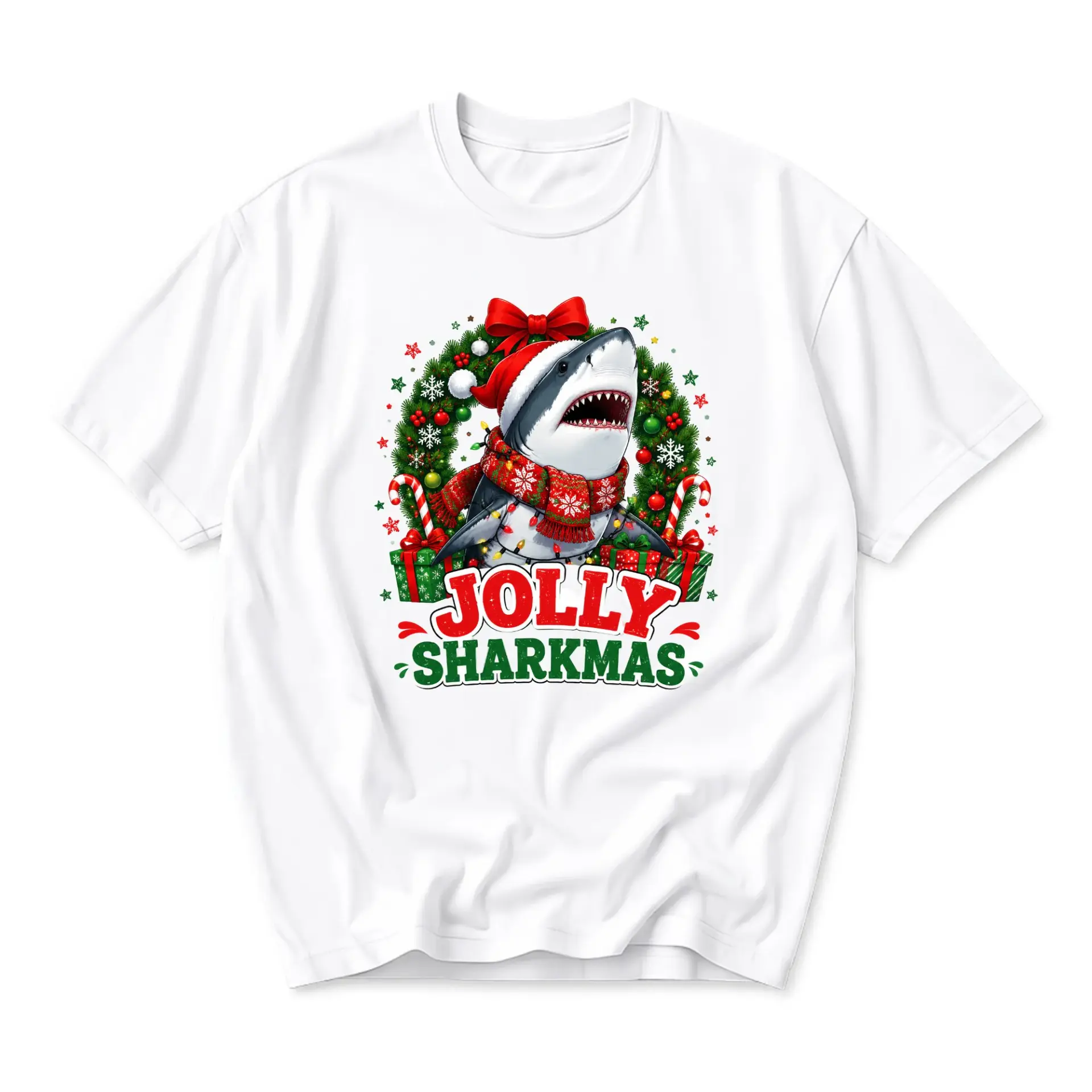 Funny Shirt Jolly Sharkmas Christmas Graphic Tee Unisex Casual Crew Neck