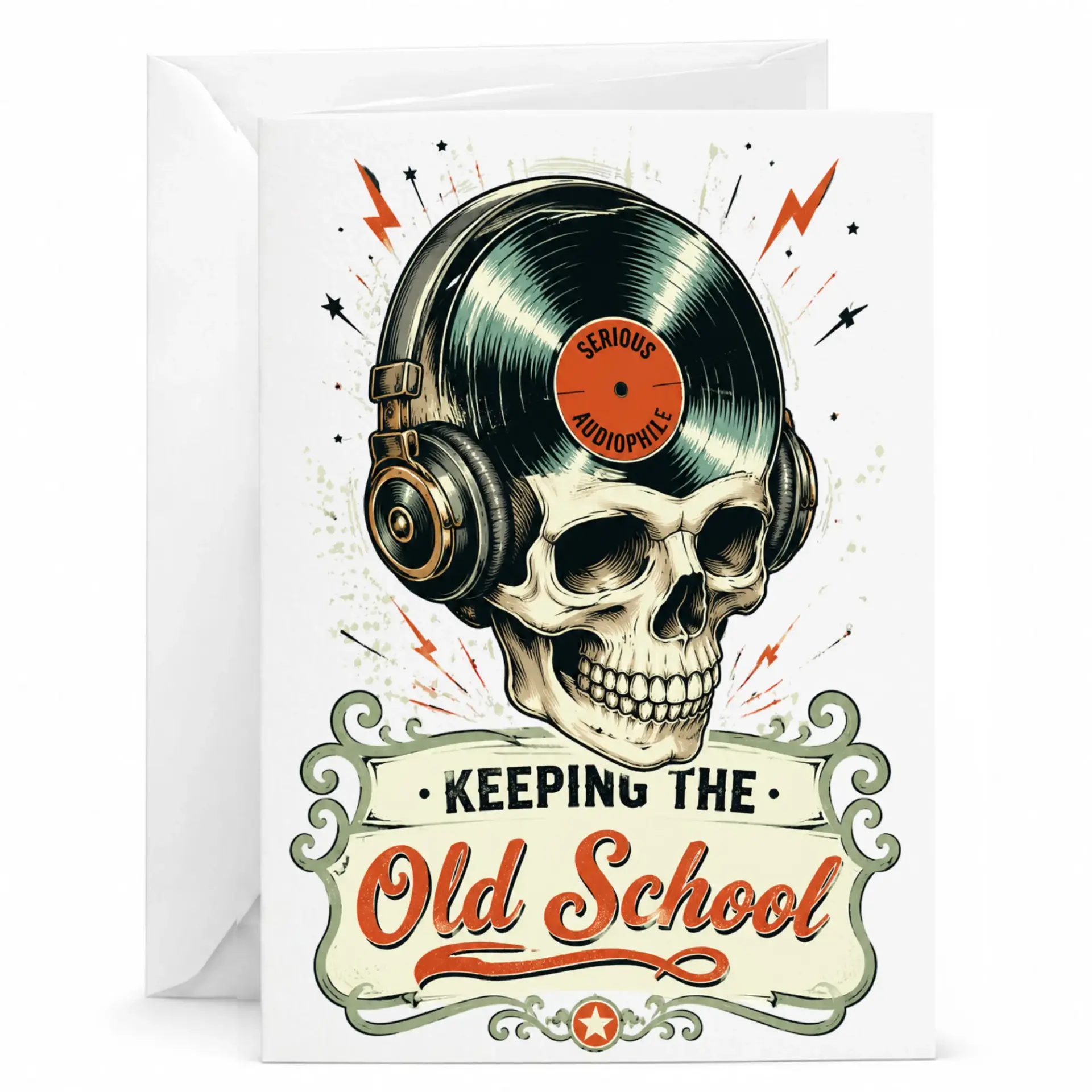 Funny Greeting Card Music Audiophile Skull Design for Lovers and Vinyl Record Collectors 5x7 Inches