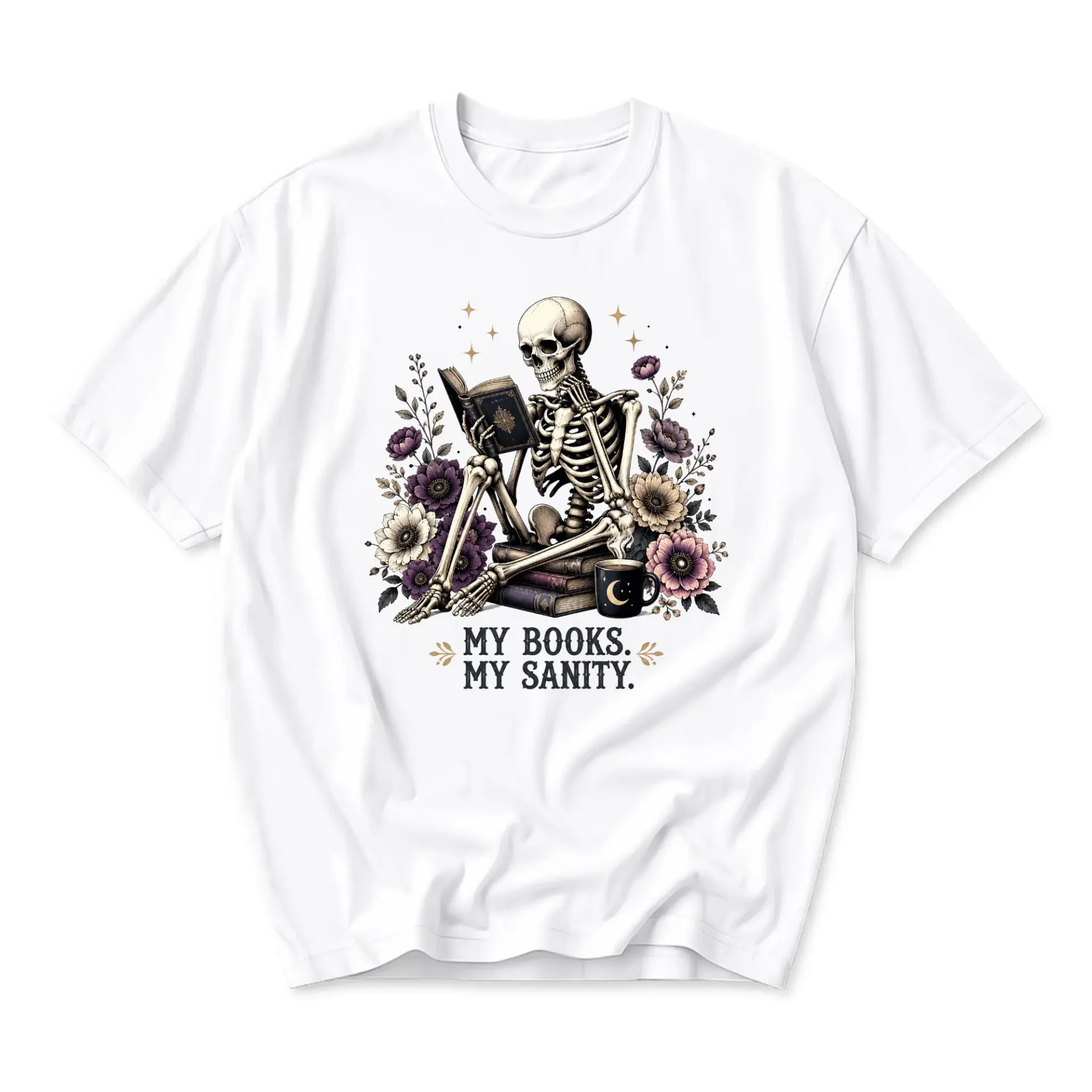Graphic Tee Unisex Crew Neck T-Shirt Featuring Skeleton Reading Books Floral Botanical Design Casual Everyday Apparel