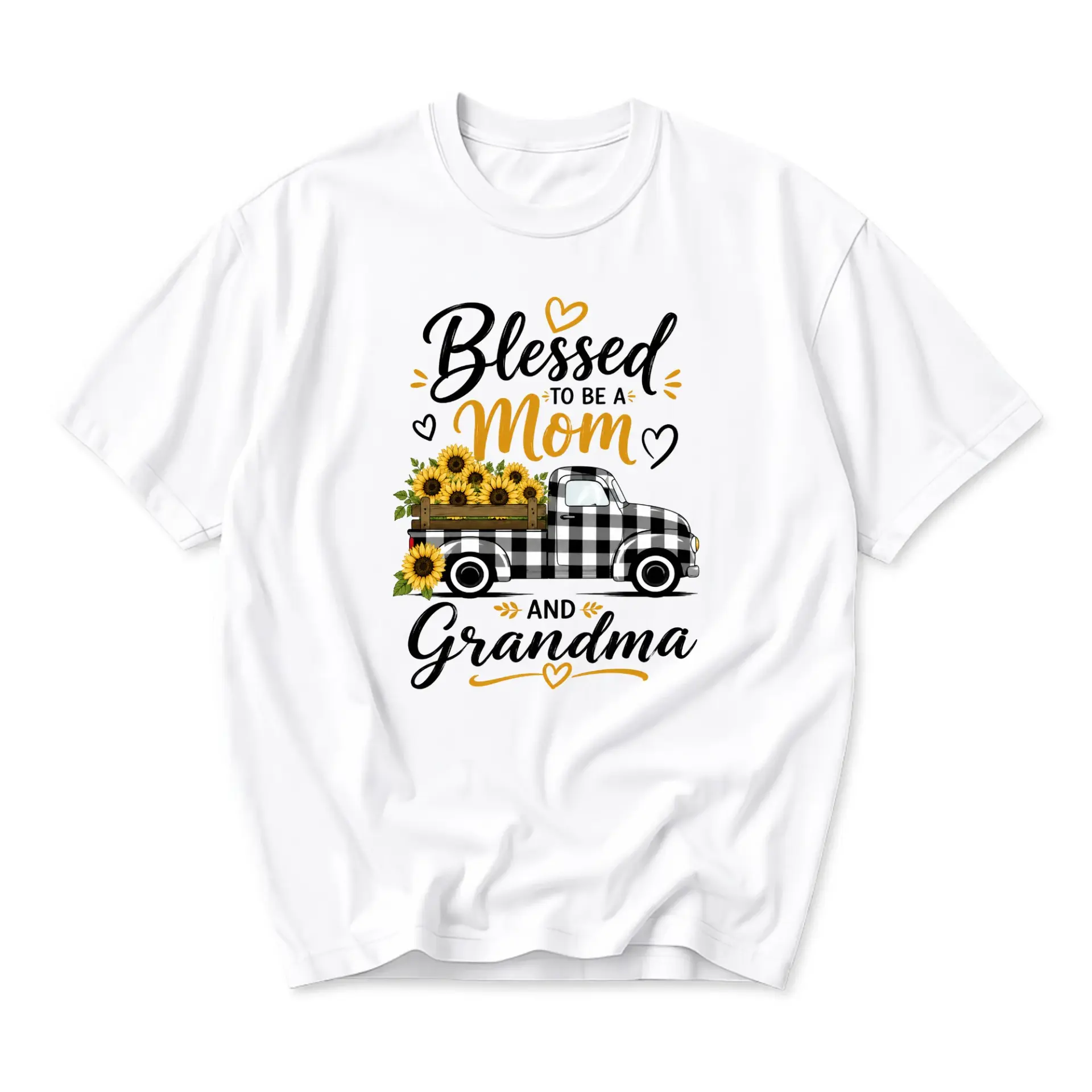 Graphic Tee Blessed to Be a Mom and Grandma Sunflower Truck Print Unisex Short Sleeve Crew Neck Casual Cotton Shirt