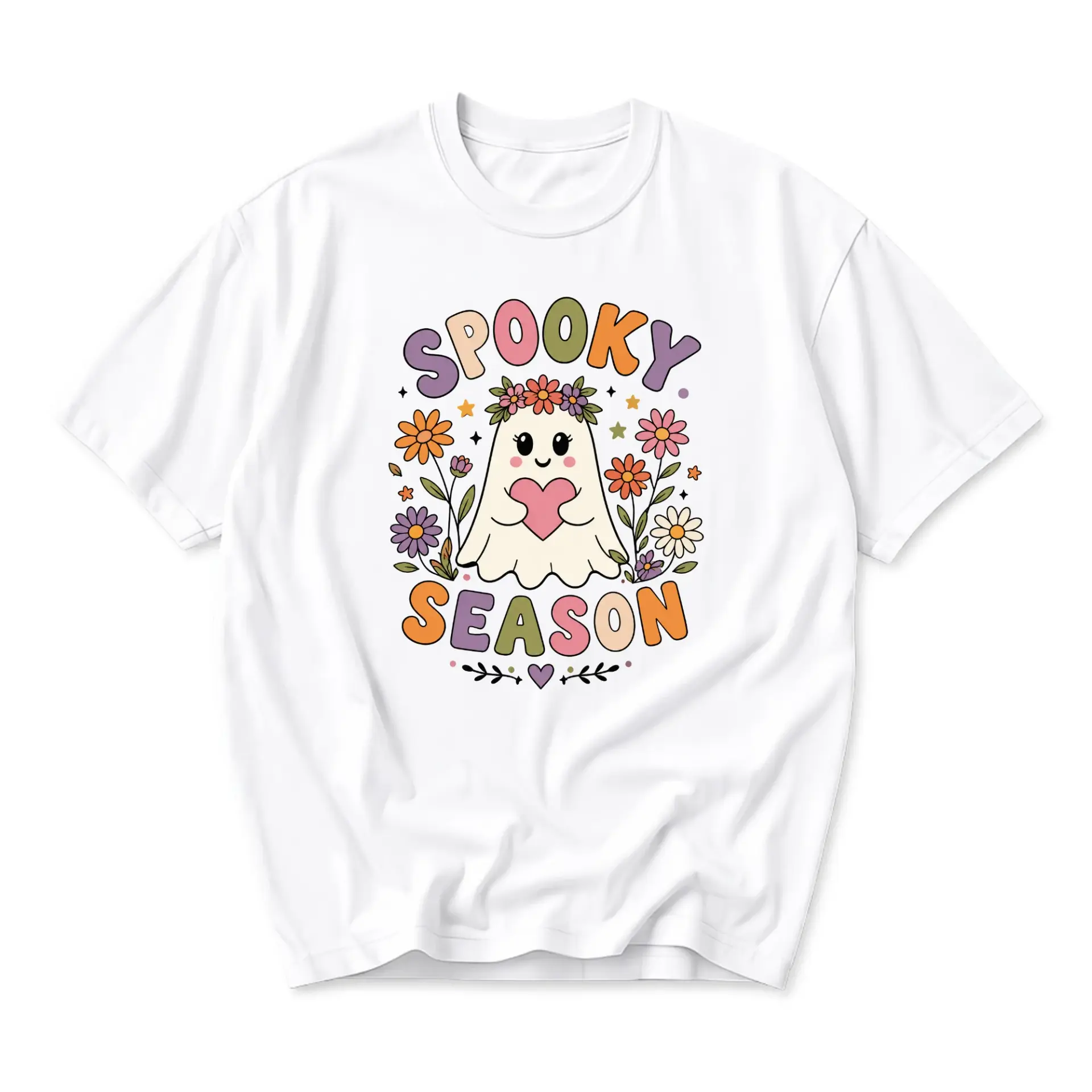 Graphic Tee Spooky Season Ghost Floral Design Unisex Crew Neck Short Sleeve Casual Cotton Blend Comfortable Fall Shirt